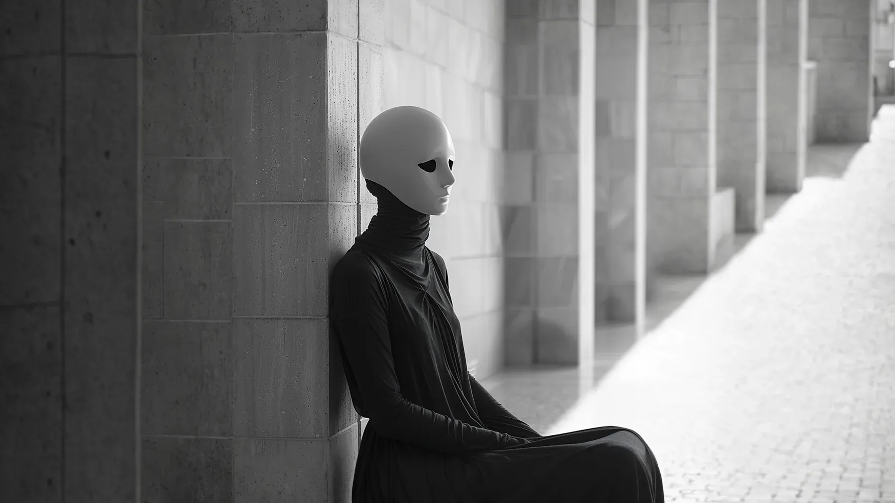 A masked figure stands against a stark monochrome background, making anonymity visible while leaving identity, rank, and allegiance unresolved.