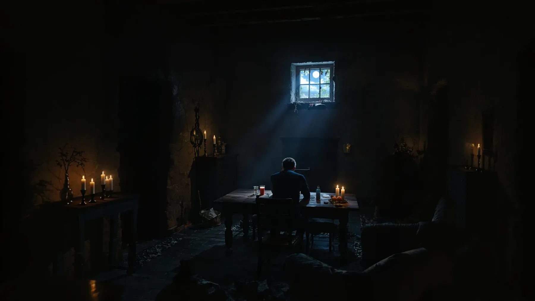 A solitary person sits in a dim candlelit room, suggesting the private burden created when access, loyalty, and hidden decisions converge on one member.