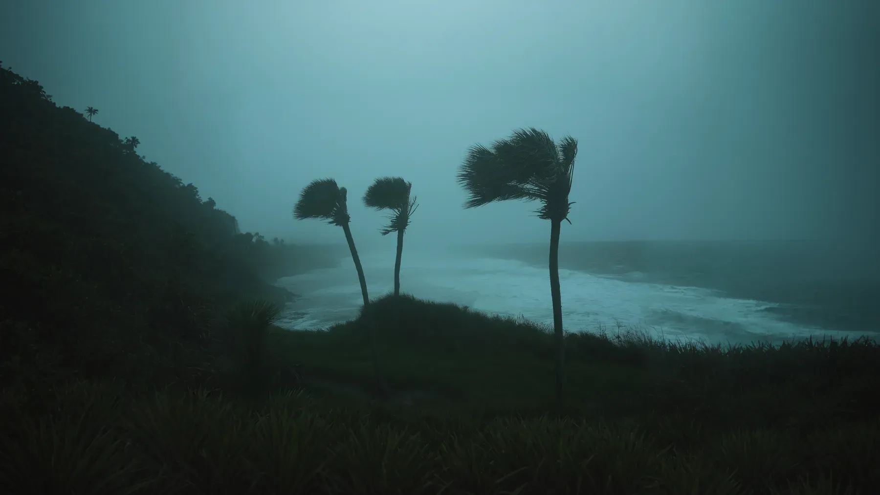 A coast bent by heavy wind and rain, showing that evacuation decisions remain constrained by shore, weather, visibility, and the water between them.