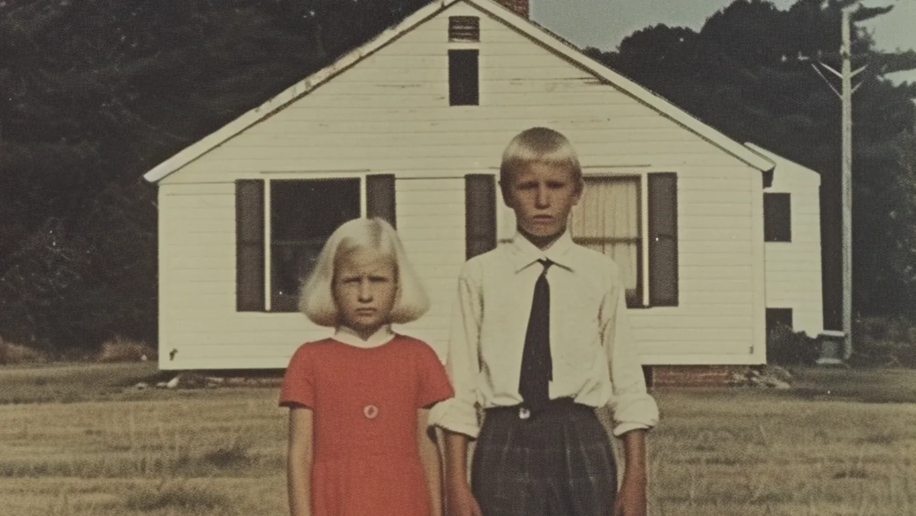 Two children standing before the same house suggest a shared childhood experienced from different ages, duties, and positions in the family.