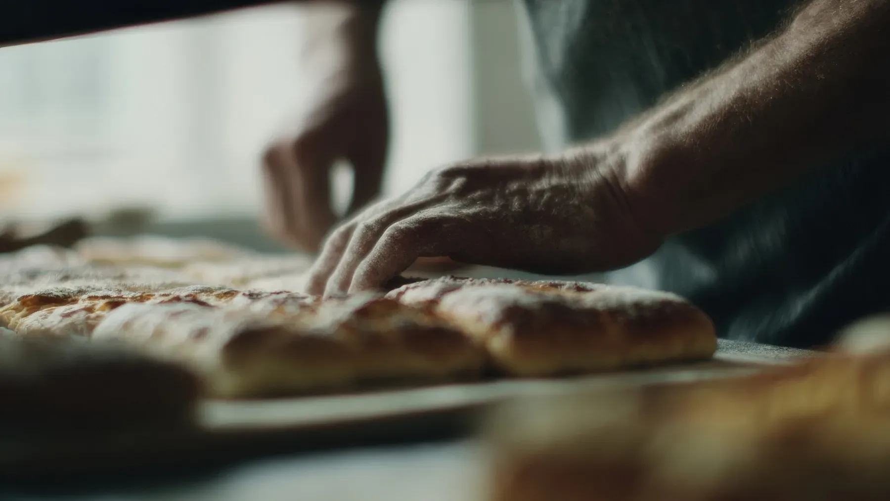 A baker pressing dough by hand, showing how stored grain only becomes survival through labor, fuel, equipment, and fair distribution.