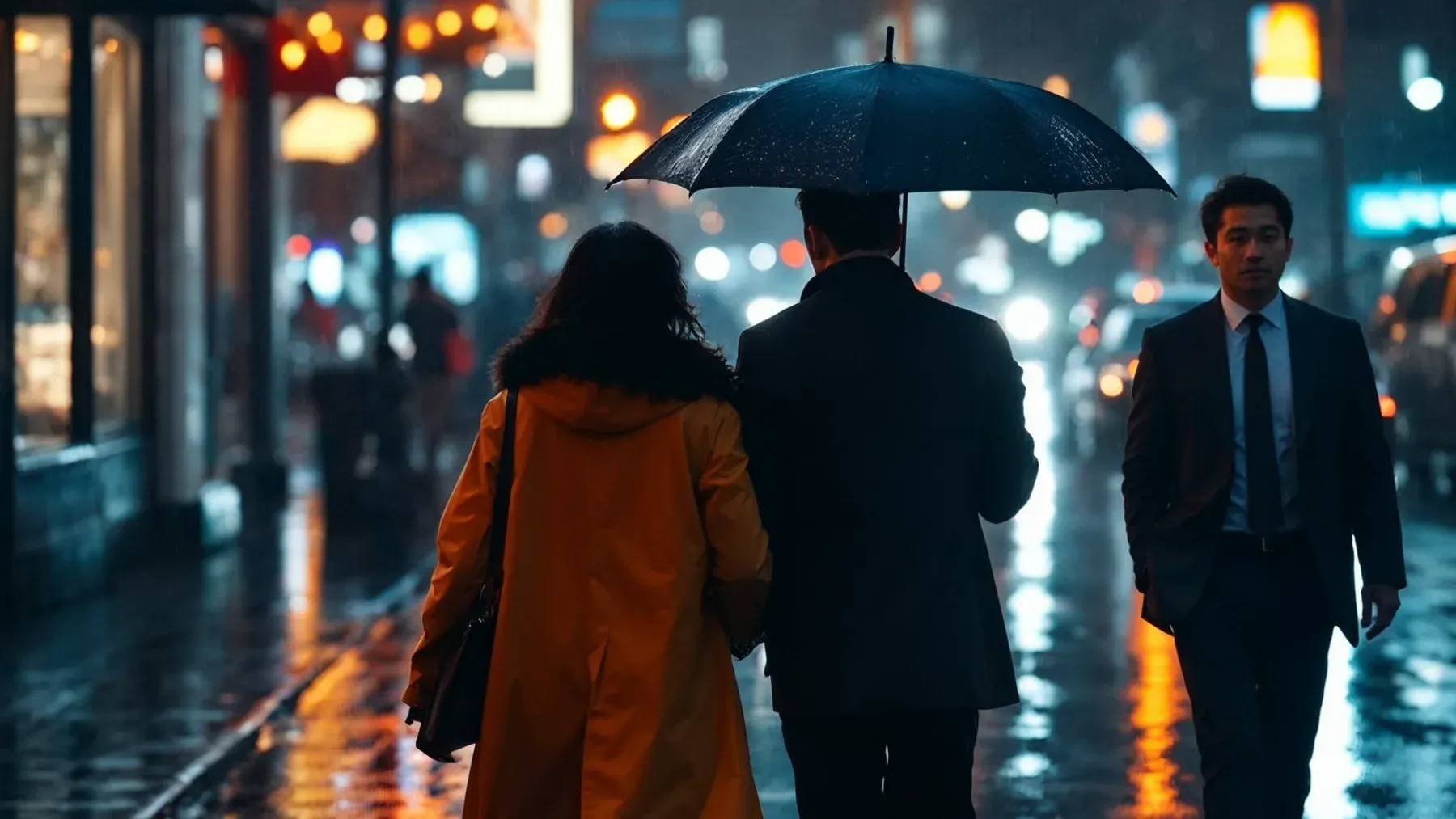 A couple standing close in rain-lit city streets, representing a payoff that inherits the practical, public, and emotional choices accumulated across the romance.