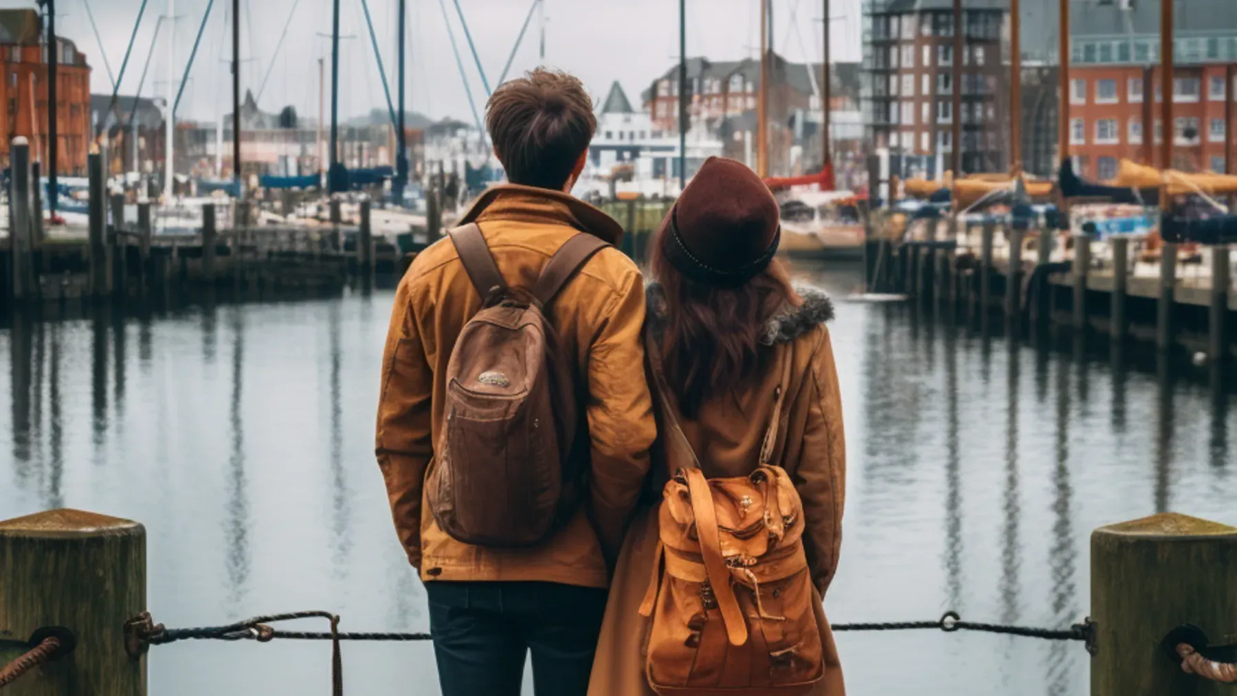 Two people stand together at a working marina, where place, livelihood, and relationship history occupy the same view.