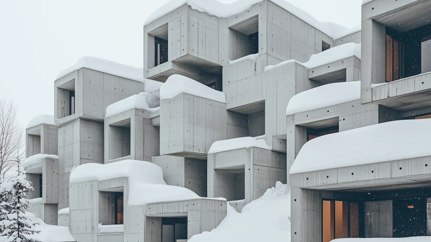 A snowbound concrete complex suggests a sealed weather station whose stillness can become pressure once one detail contradicts the expected situation.