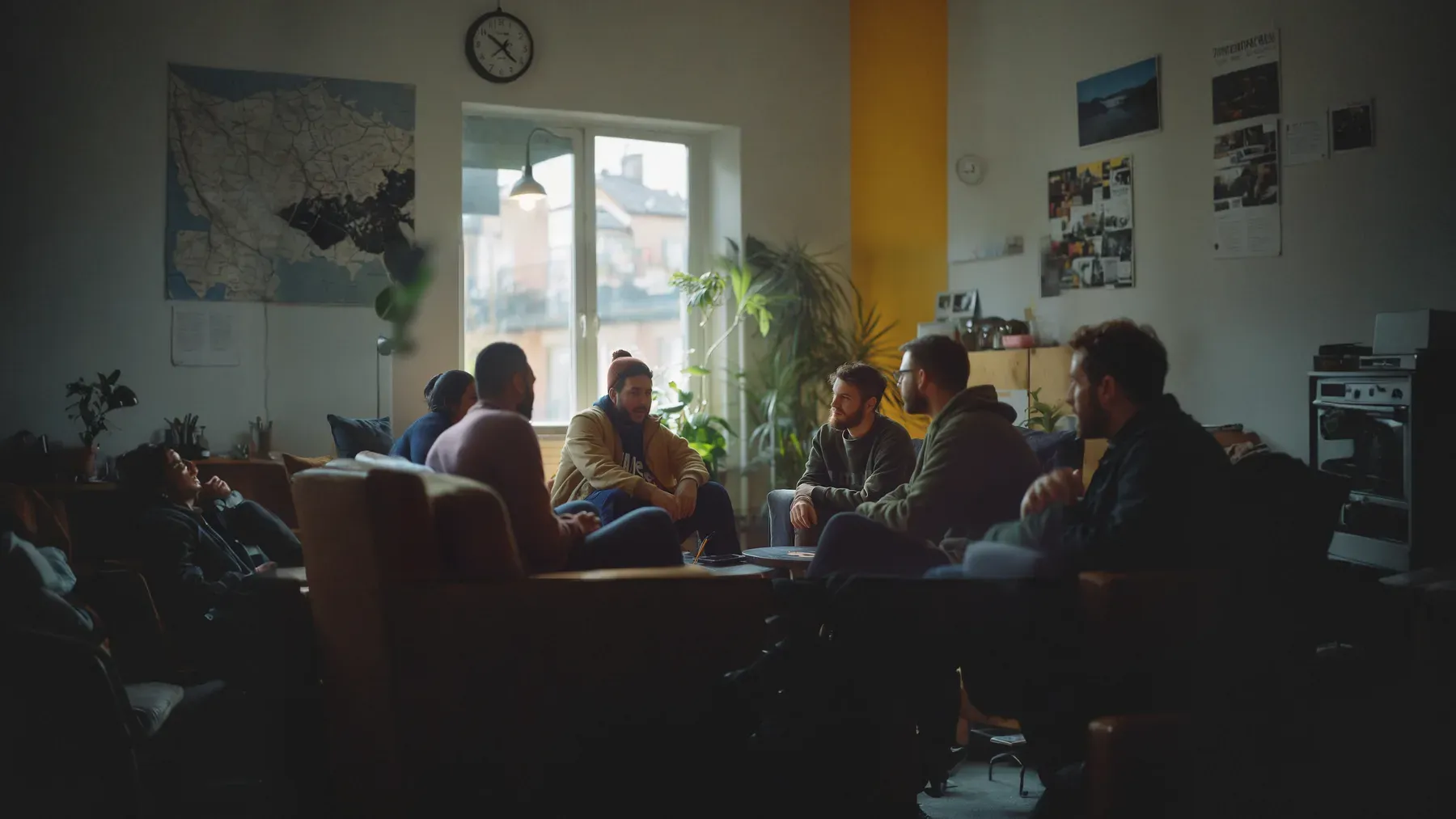 People talking in a small room, showing participation at a scale where the character can act, listen, and revise predictions without becoming a different personality.