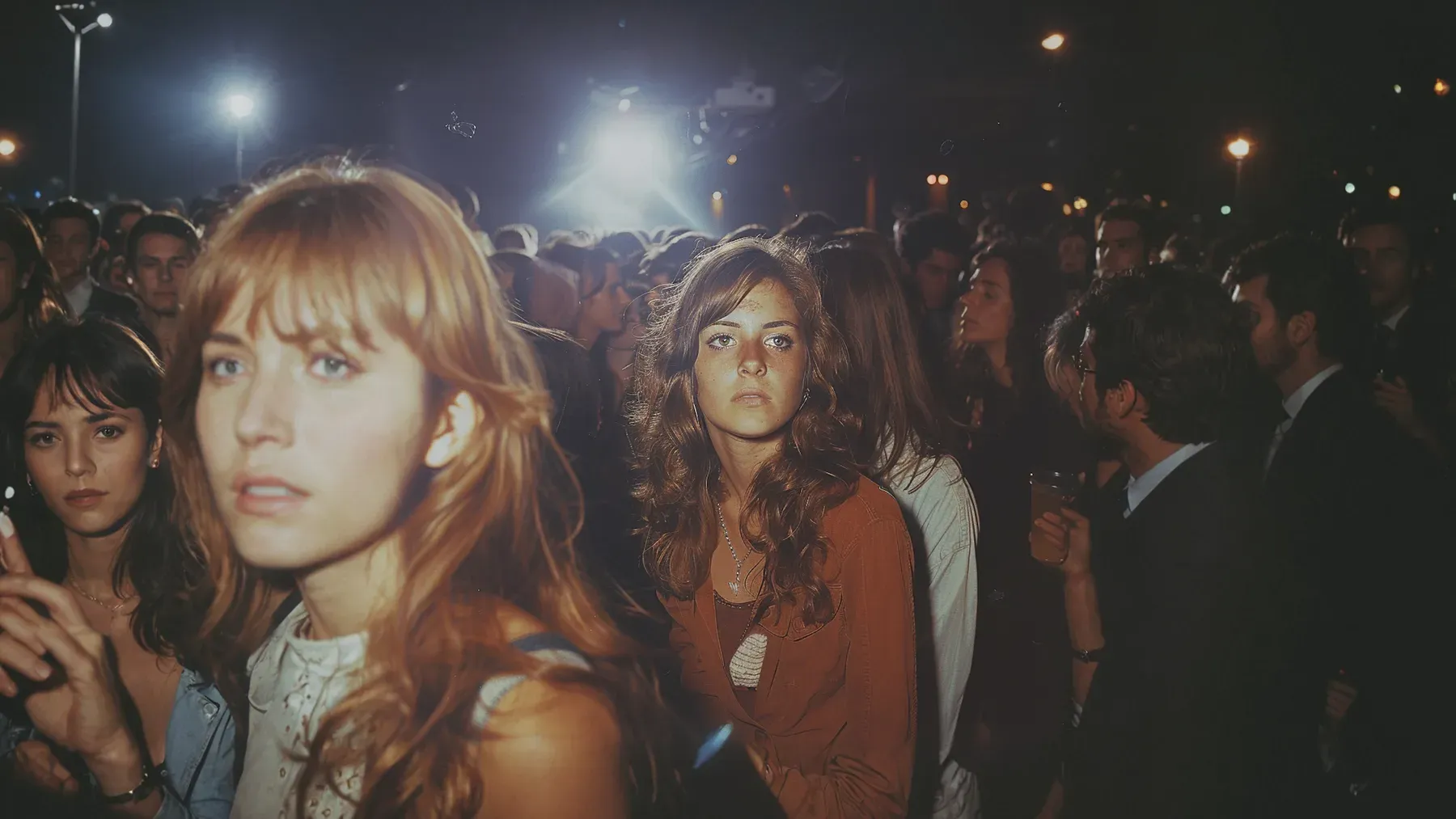 A woman standing apart within a crowded gathering, reflecting the feeling that a social room has become an audience.