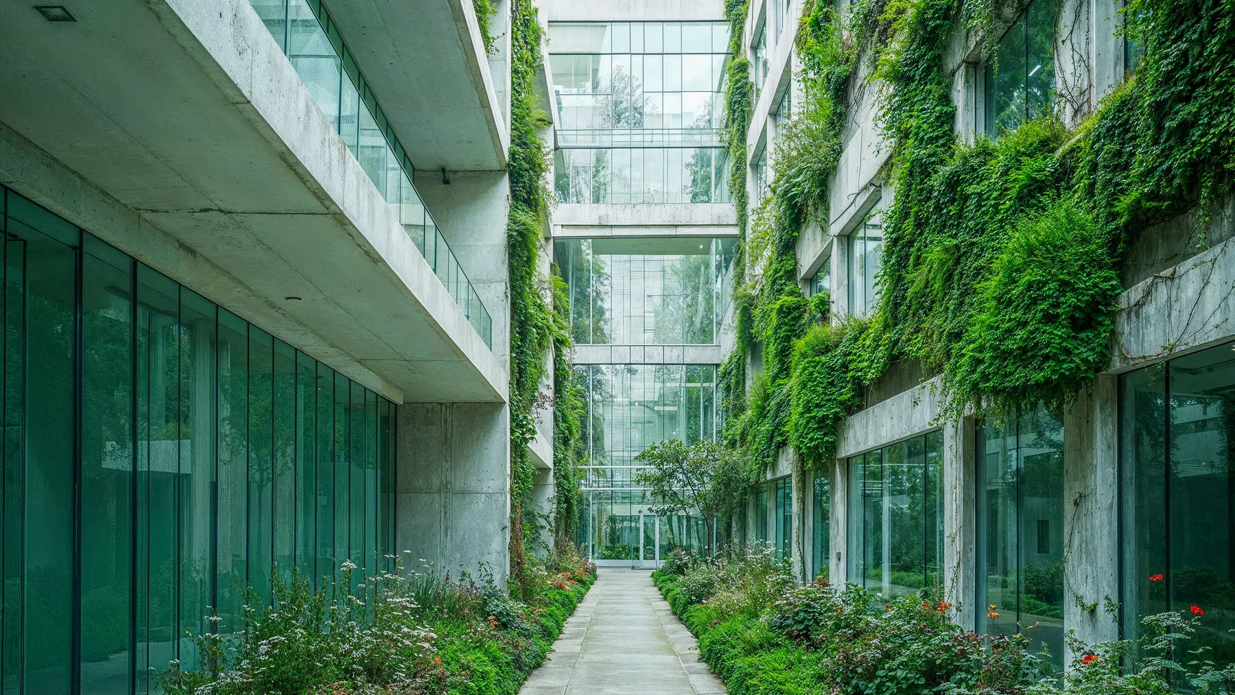 A living architectural courtyard where greenery and shared infrastructure meet, suggesting a future sustained through design and continual care.