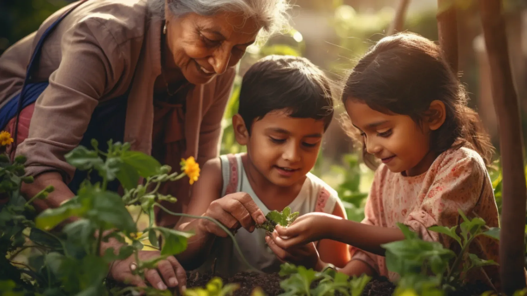 An older gardener teaching children among living plants, showing how ecological systems carry knowledge, care, and dependence across generations.
