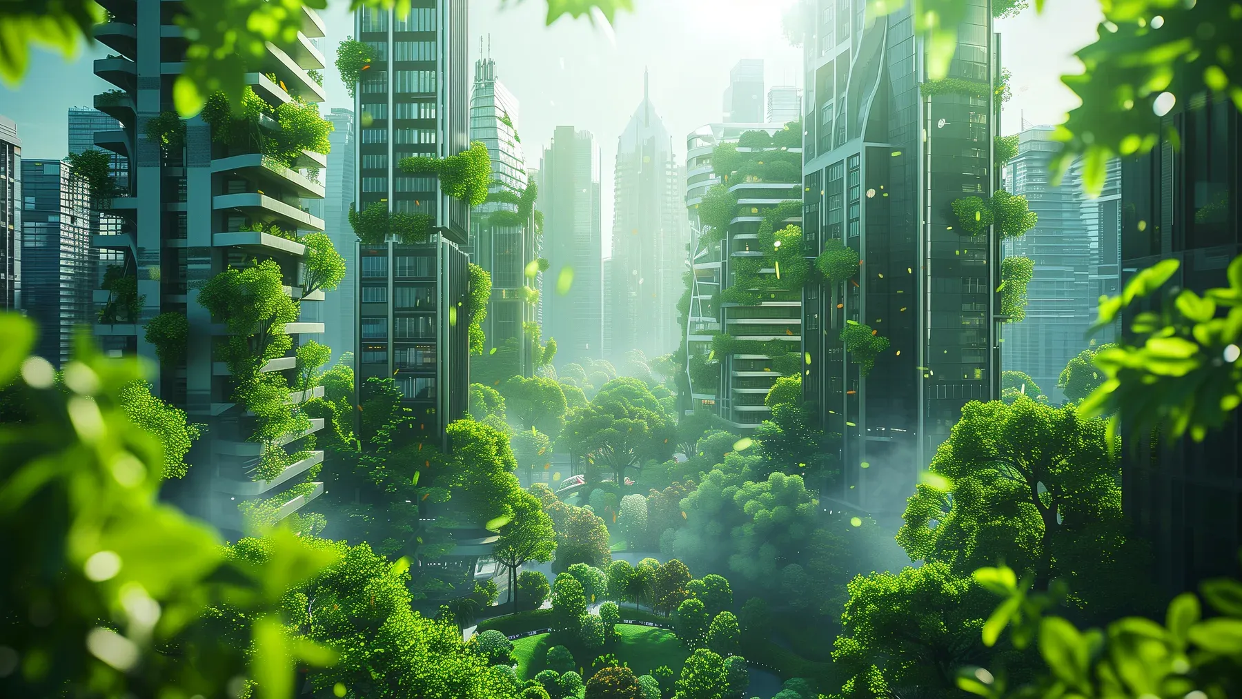 A green city combining dense settlement, renewable systems, and cultivated life, representing a hopeful future that still requires work.