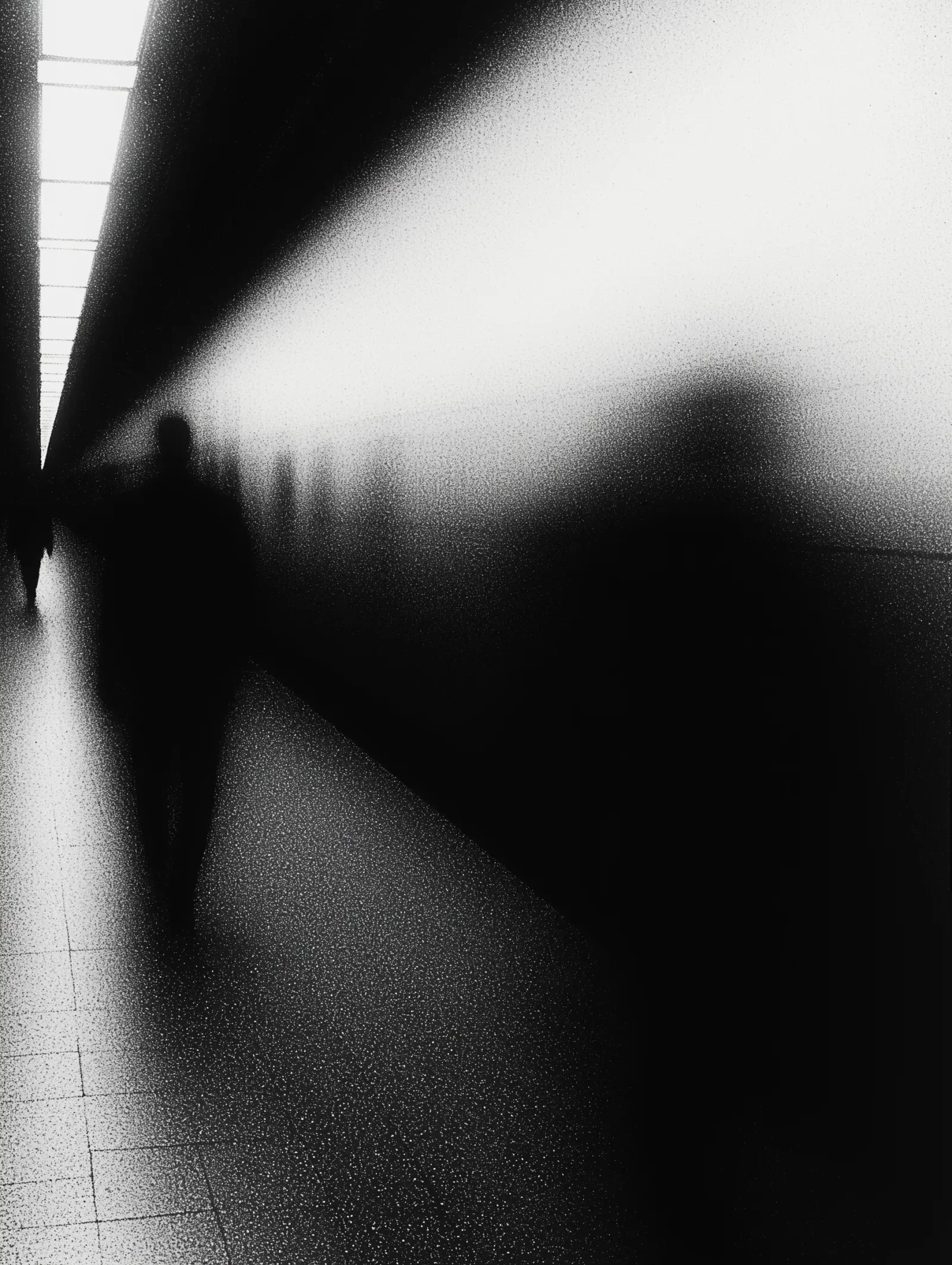 Blurred silhouettes moving through a high-contrast corridor, where uncertain sound can turn indistinct figures into possible threats.