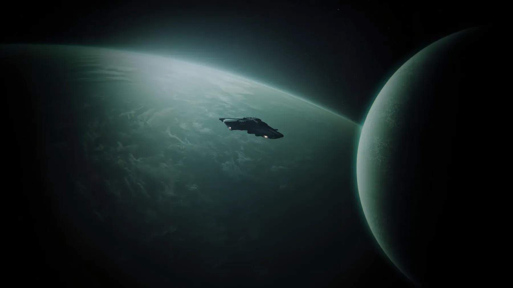 A spacecraft crossing a vivid planetary field, representing interstellar distance as a material route that shapes every political choice.