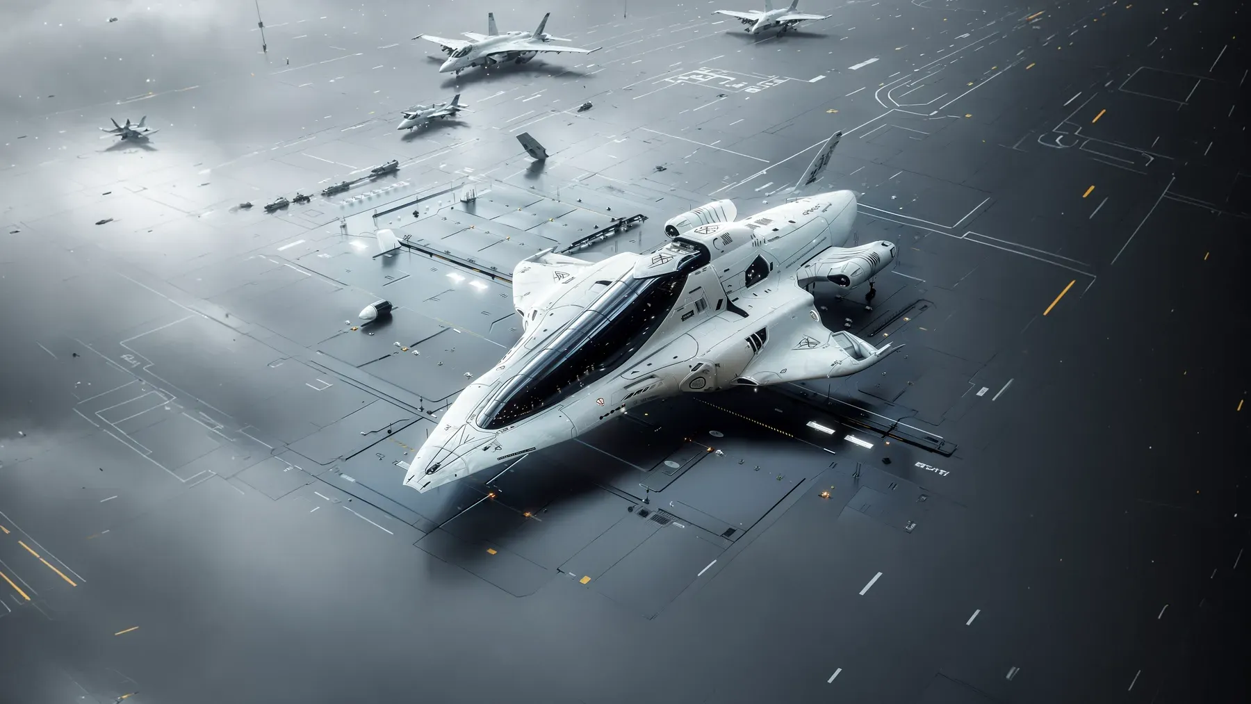 A spacecraft on an illuminated landing platform, representing the ports, labor, repair, and scheduling capacity beneath interstellar movement.