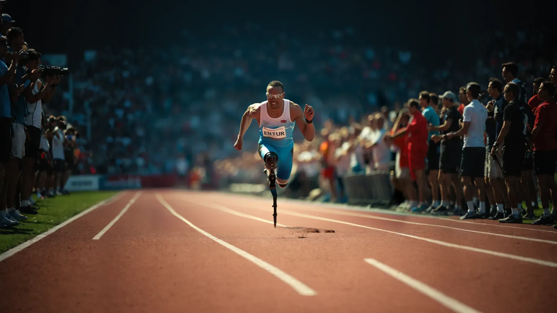 A para athlete sprinting through a stadium race, showing how training, public competition, and bodily risk share the same track.