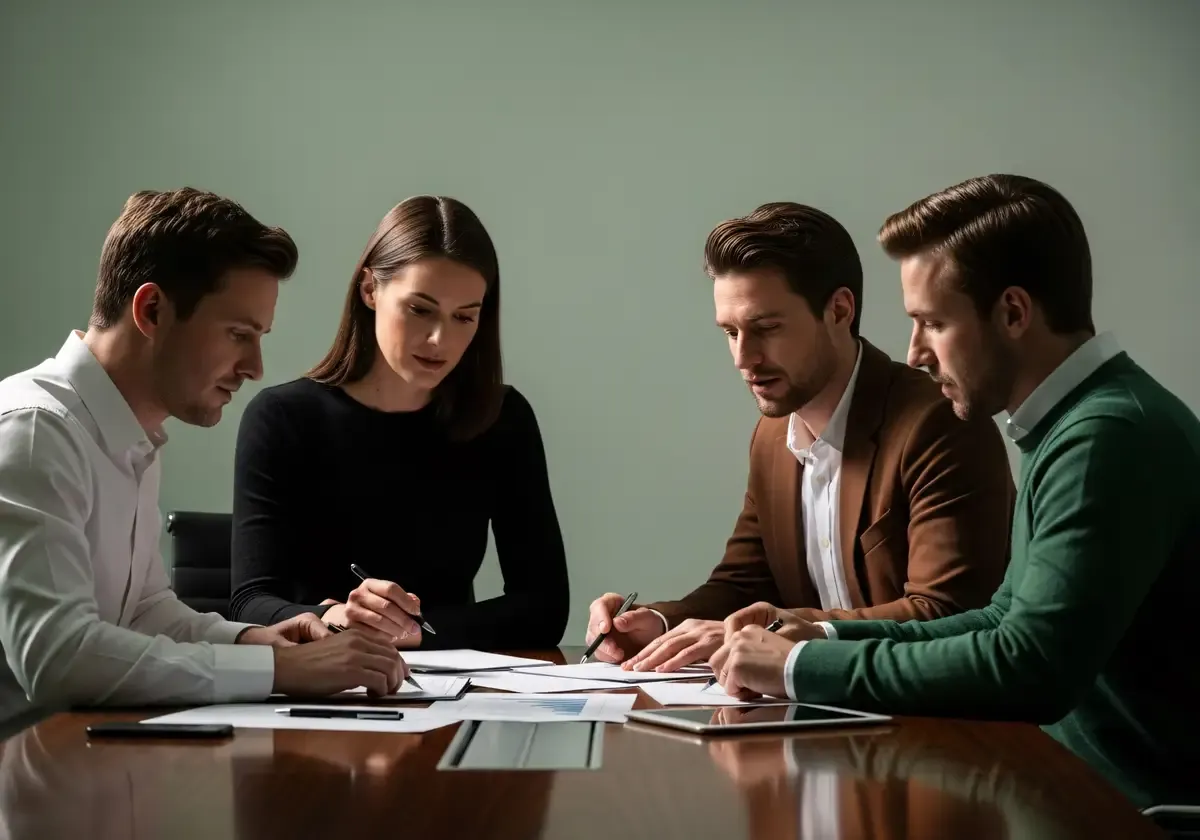 A team gathered around documents, showing how conflict can emerge through competing priorities inside collaboration rather than open hostility.