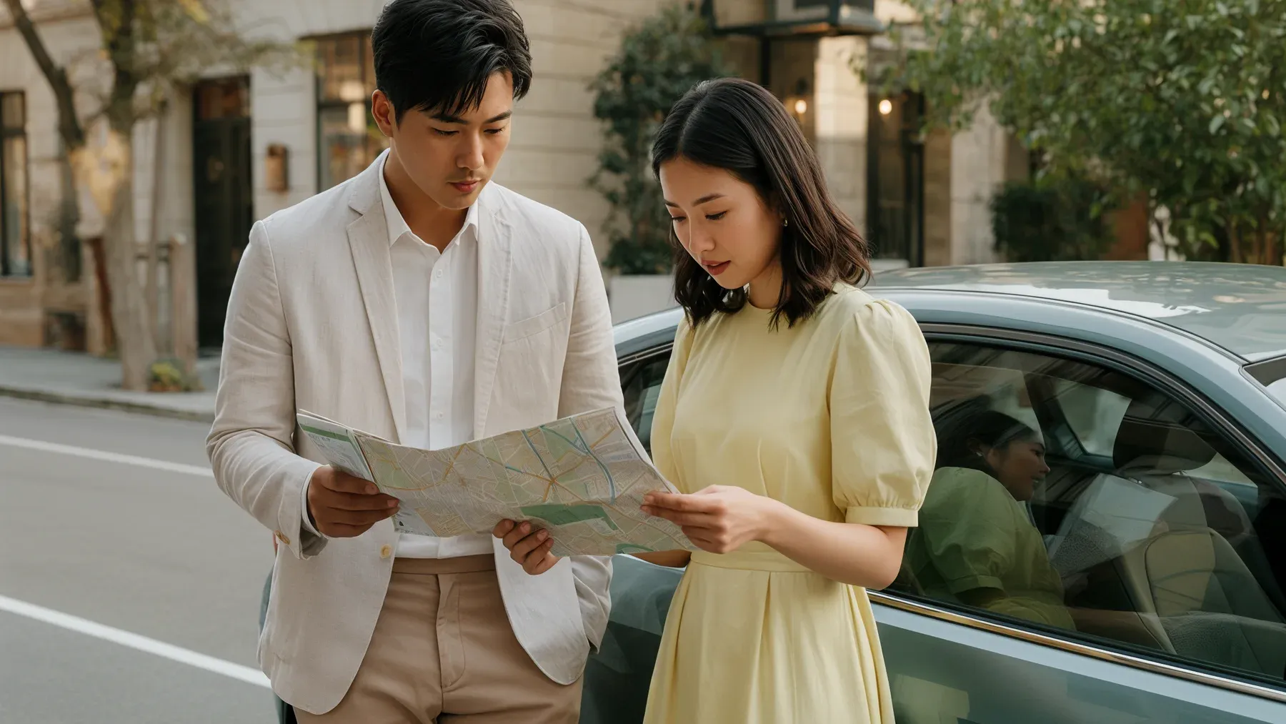 Two people study a map beside a car, showing how shared attention can hide different plans for the same route.