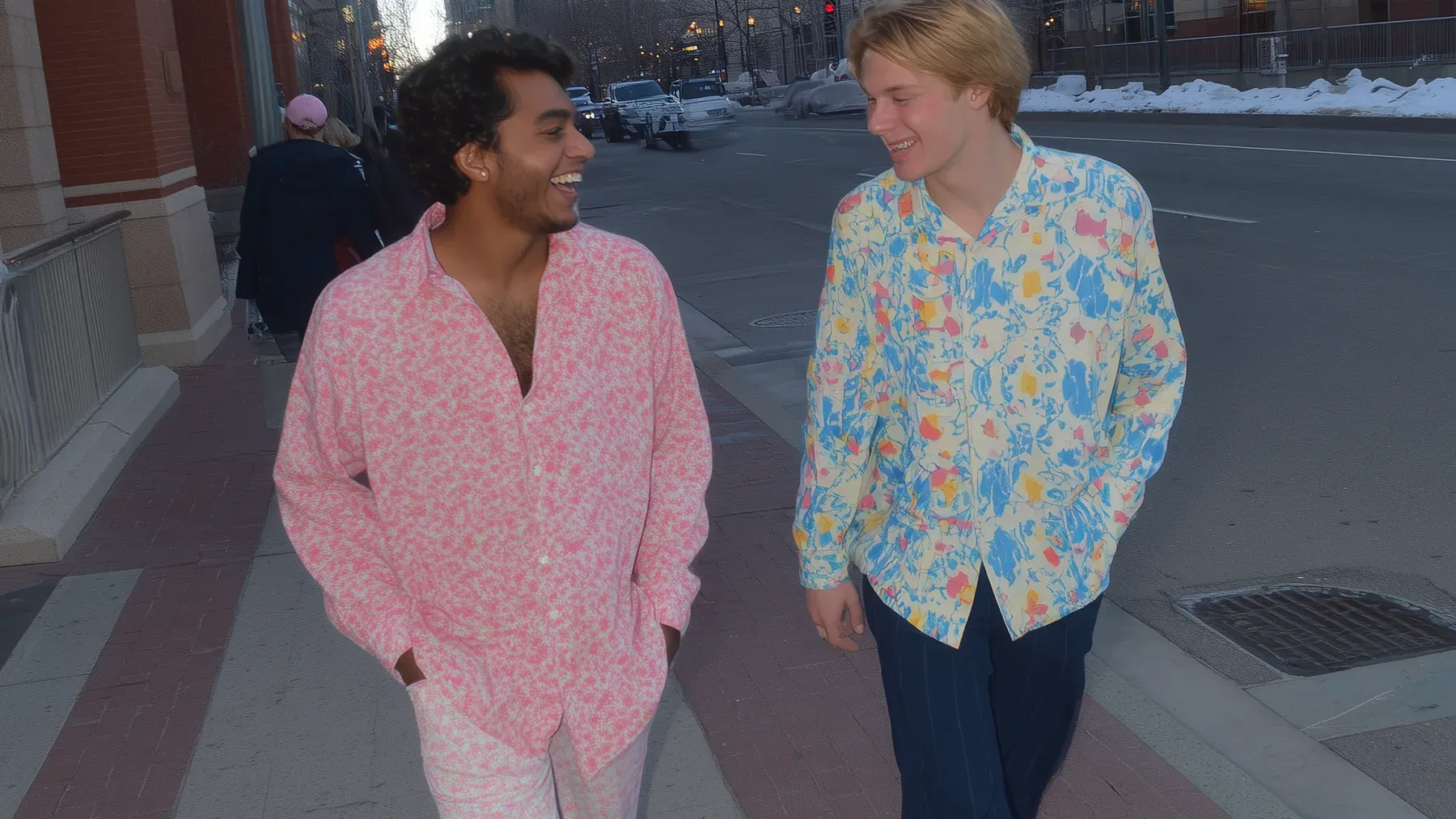 Two friends walking through a city in conversation, suggesting recovery through ordinary participation and relationships with needs of their own.