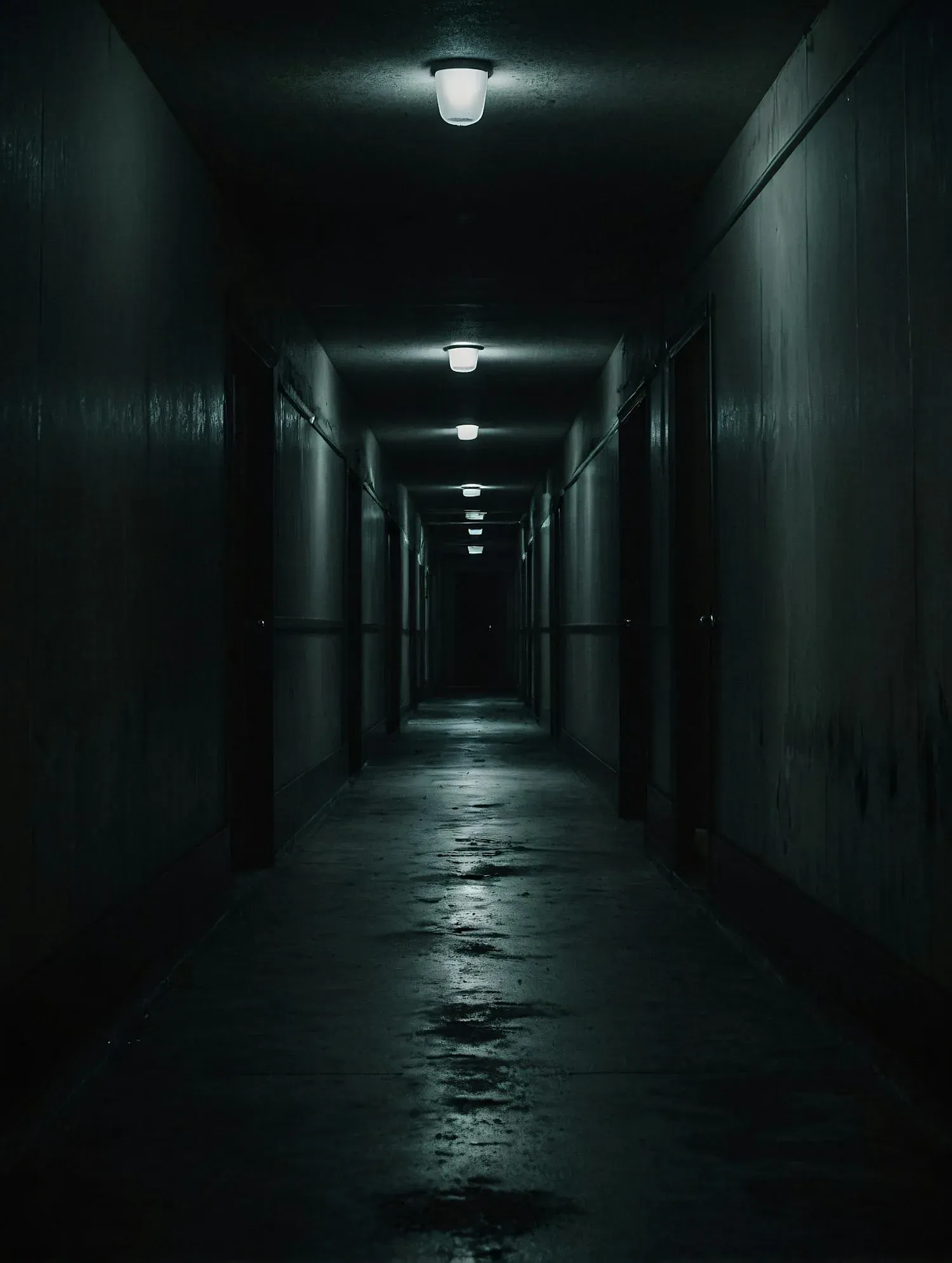 A dim corridor lined with closed doors, where limited knowledge turns an ordinary path into a field of dangerous possibilities.