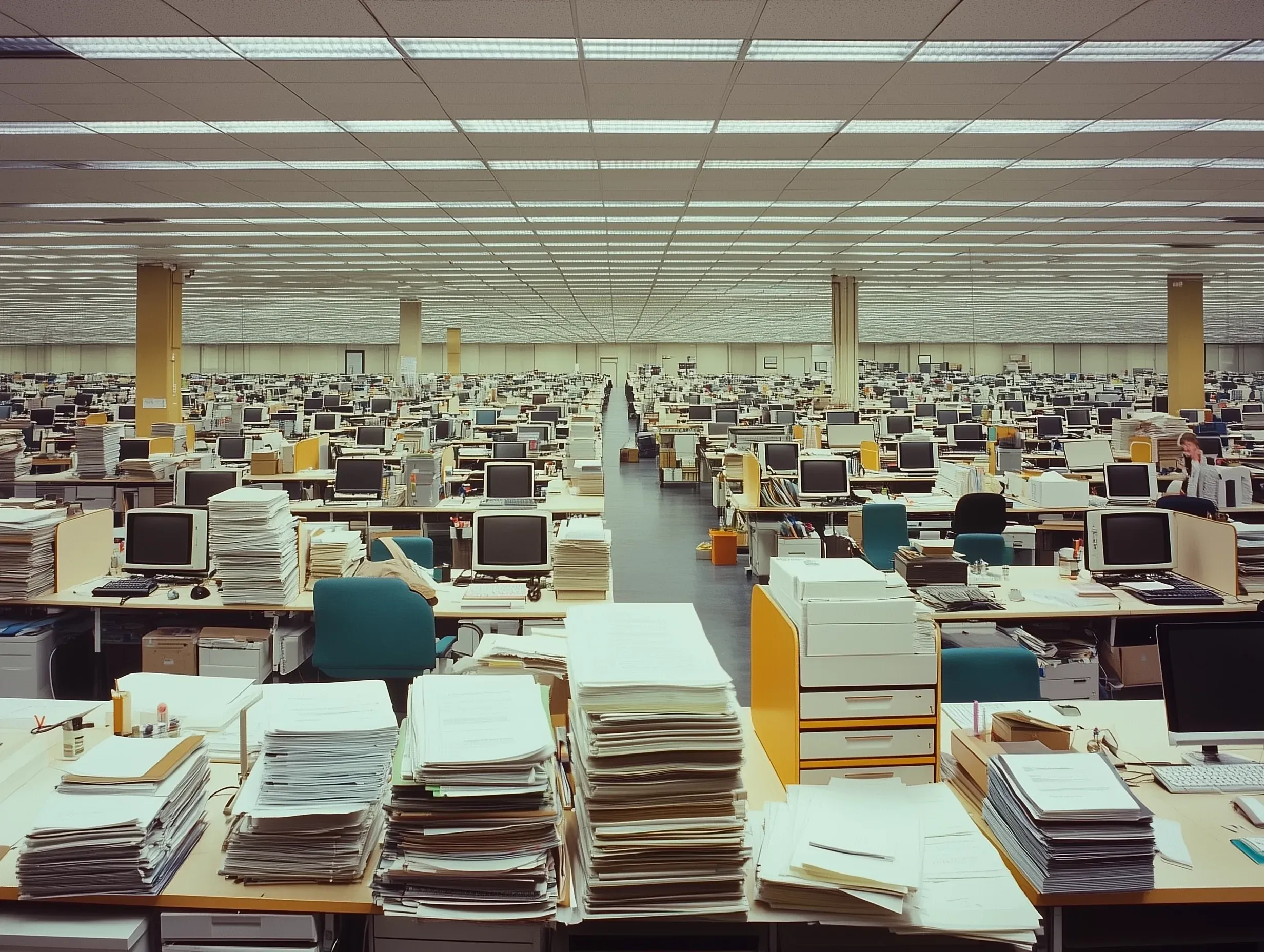 A vast open-plan office whose central aisle, repeated desks, and long sight lines can control movement and visibility.