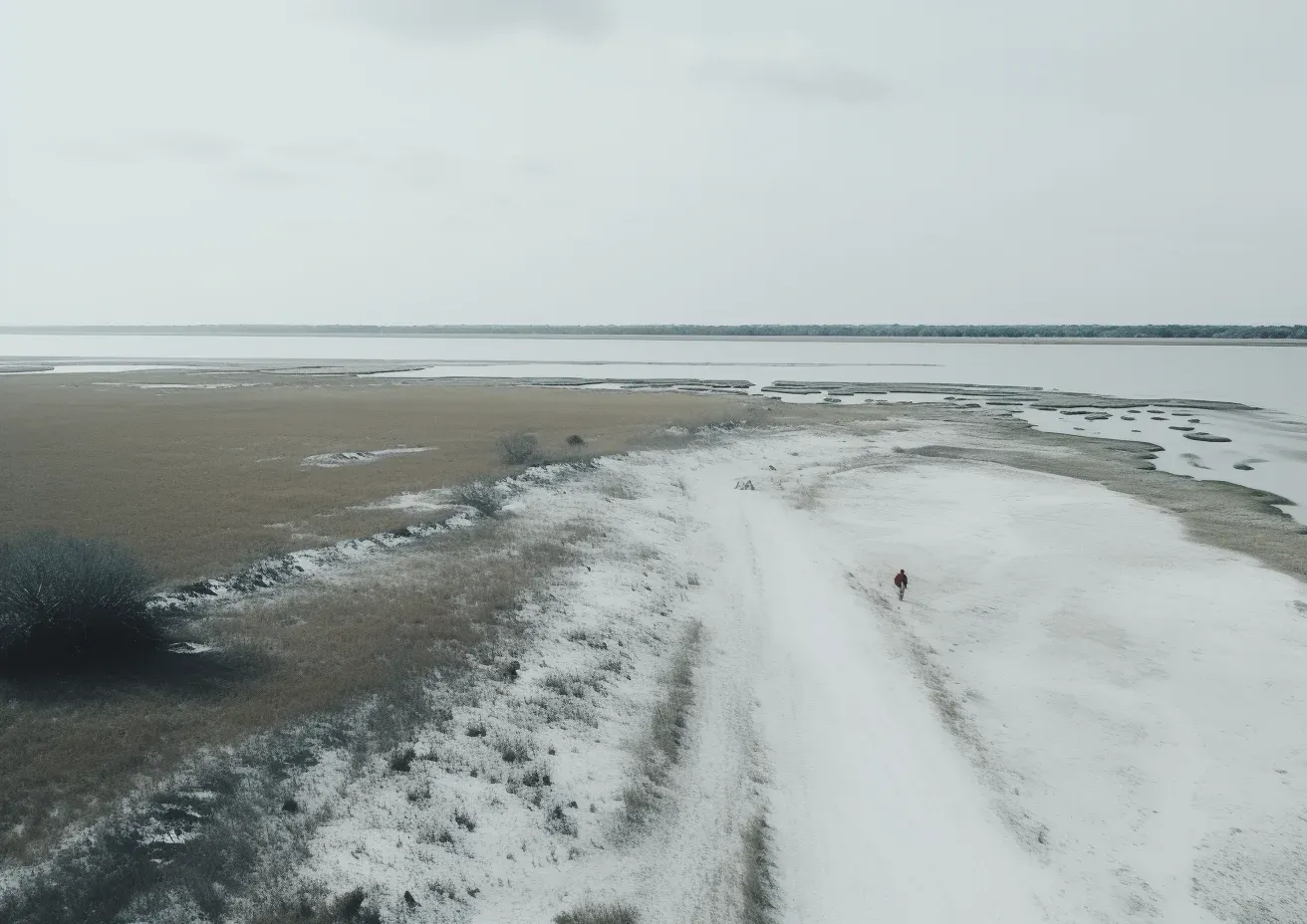 An aerial view of a lone traveler on a snowy route beside water, making distance, exposure, and the available path immediately legible.