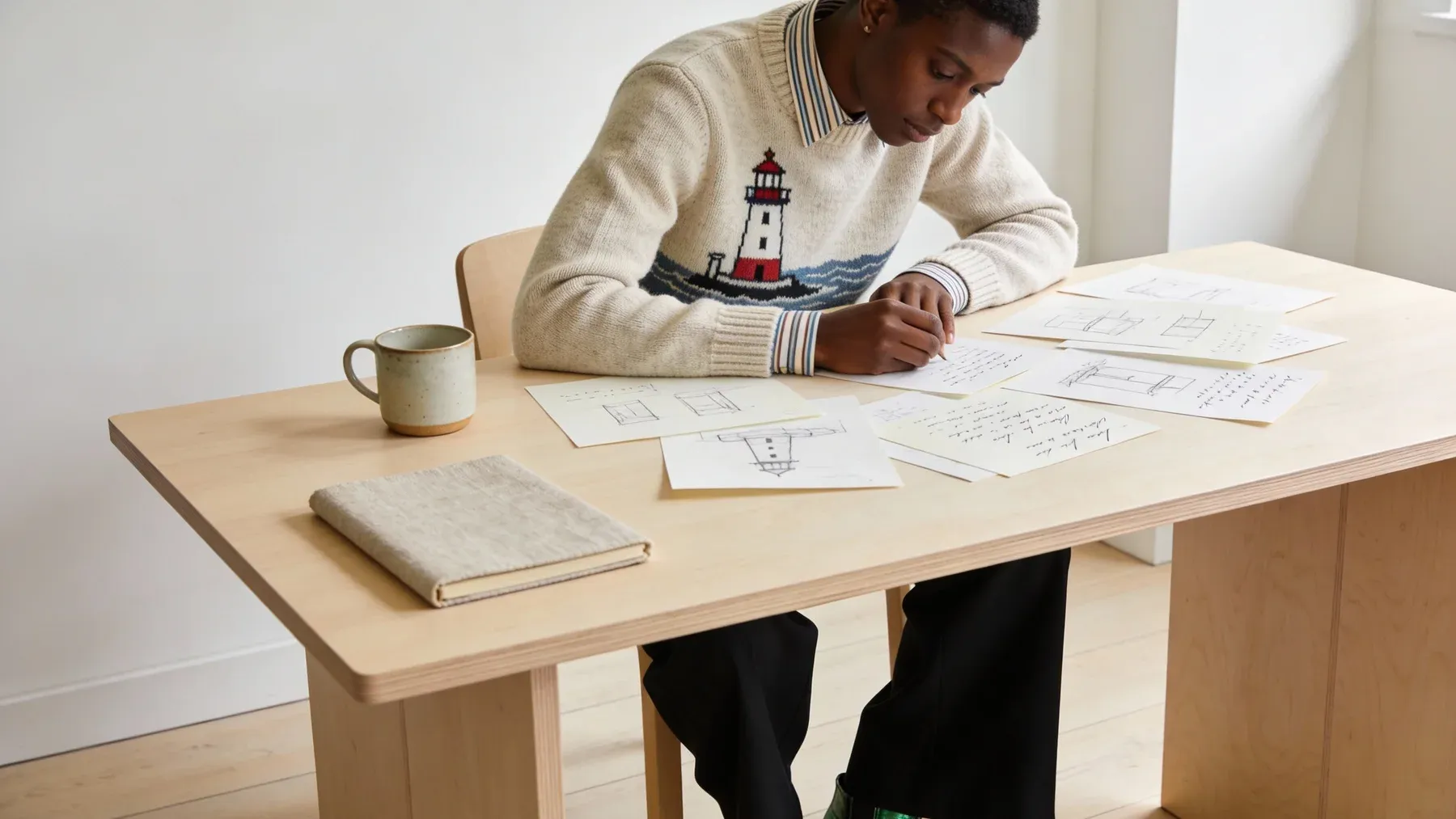 A writer arranging handwritten story notes across a desk while preparing a concise summary.