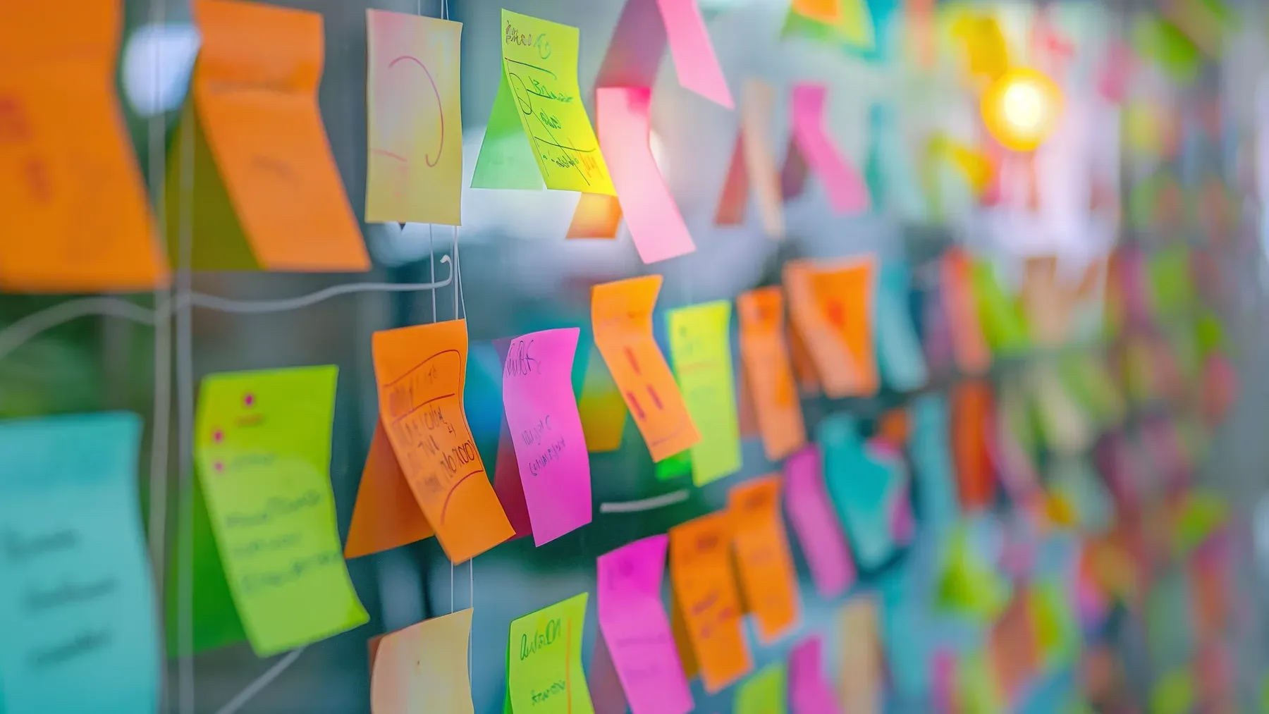 Color-coded notes arranged across a glass board to trace changes through a story.