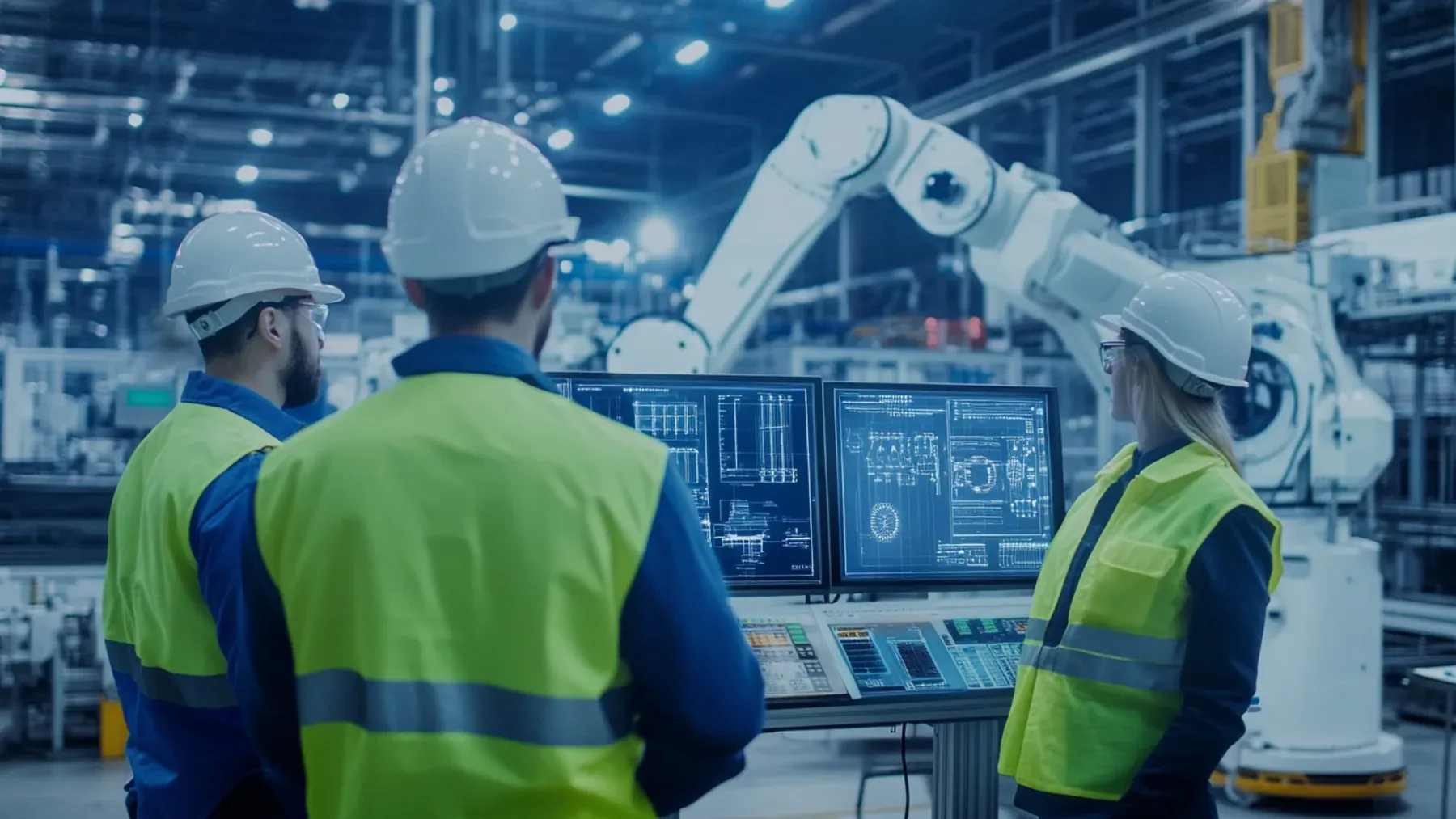 Engineers confer beside industrial equipment, placing distributed human judgment beside a system that carries public decisions.