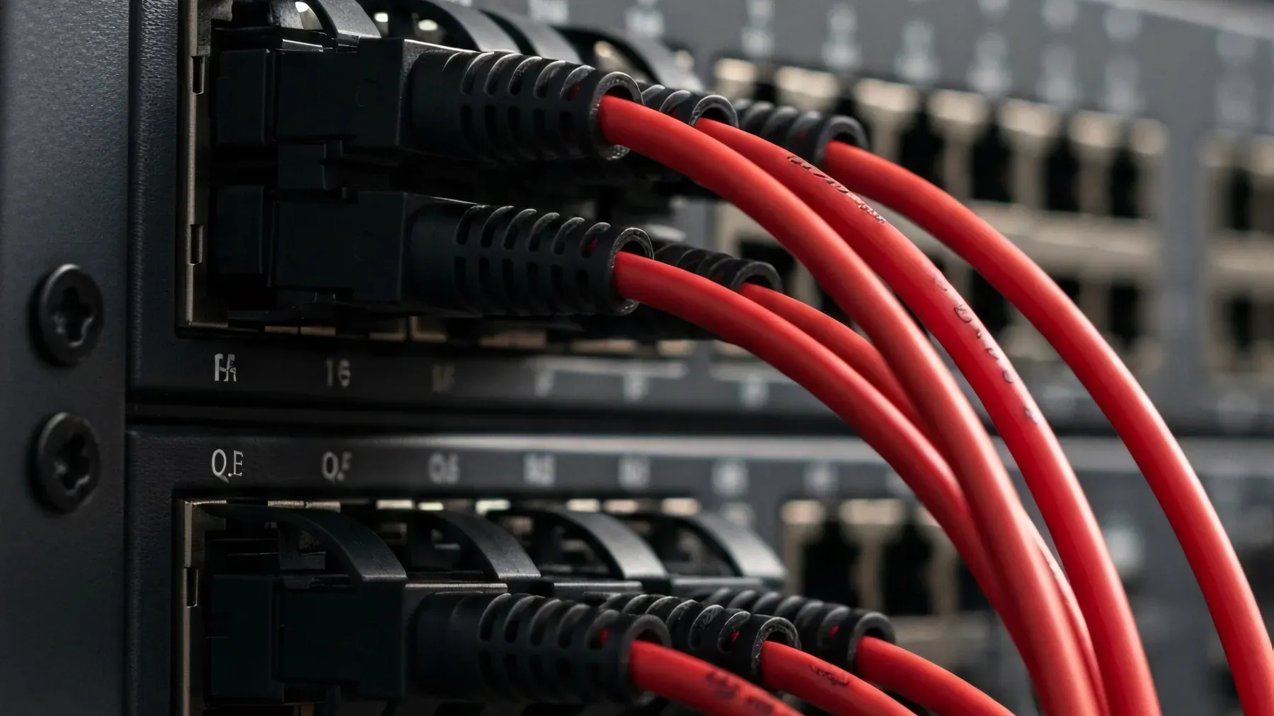 Red network cables enter a switch through distinct ports, making the system’s dependencies and routes physically legible.