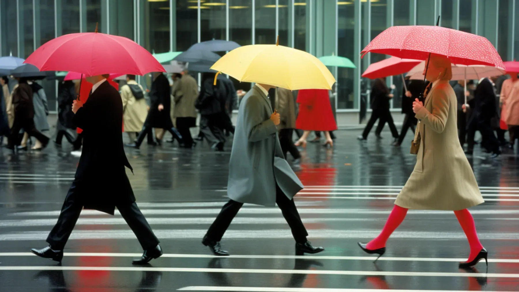 Pedestrians crossing a rain-soaked city street make the public visible as people rather than an abstract total.
