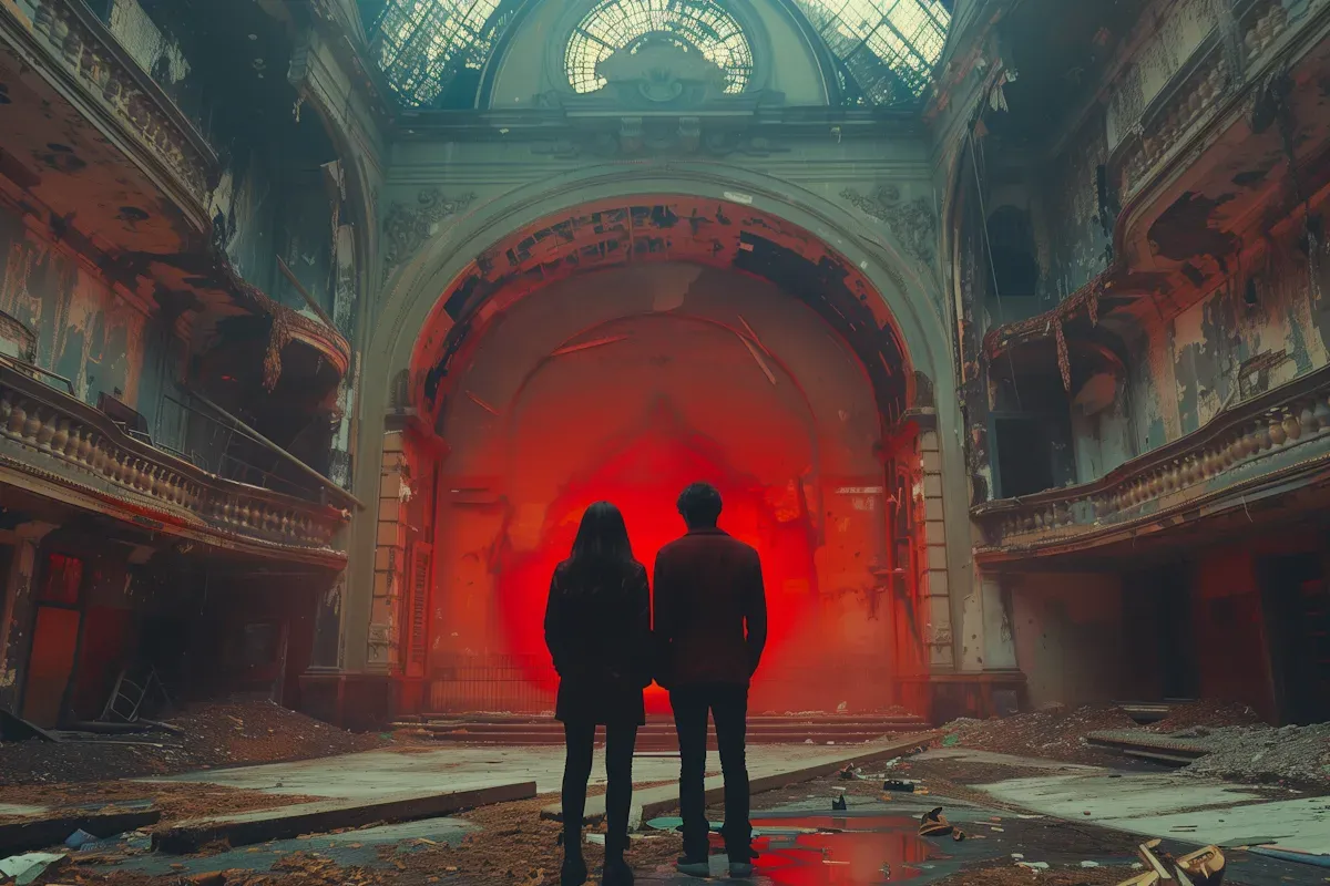 A ruined theater lit by a red stage glow, suggesting the dramatic architecture beneath a story.