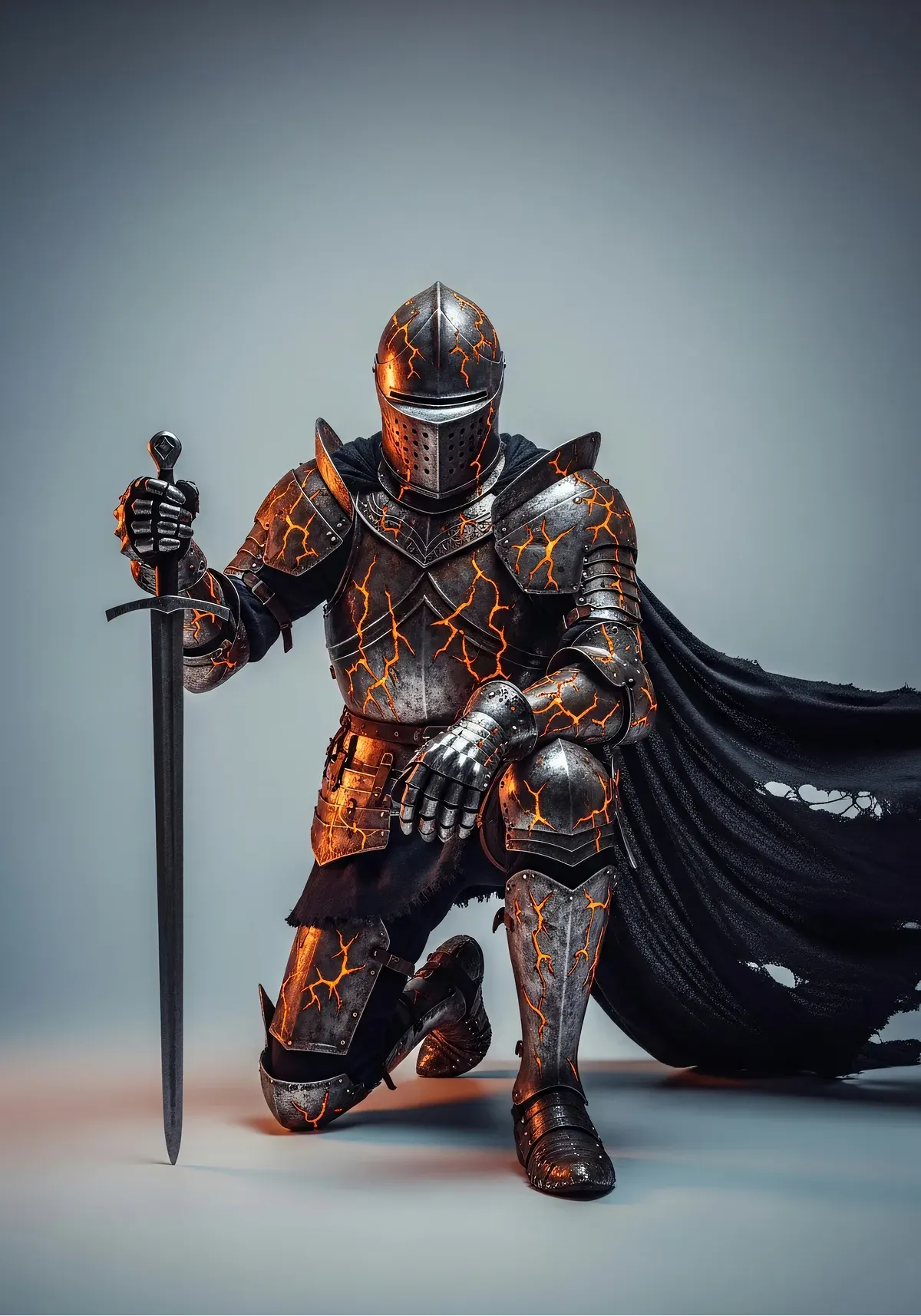 A knight lit by ember-like fractures, illustrating the archetypal and mythic charge some stories demand.