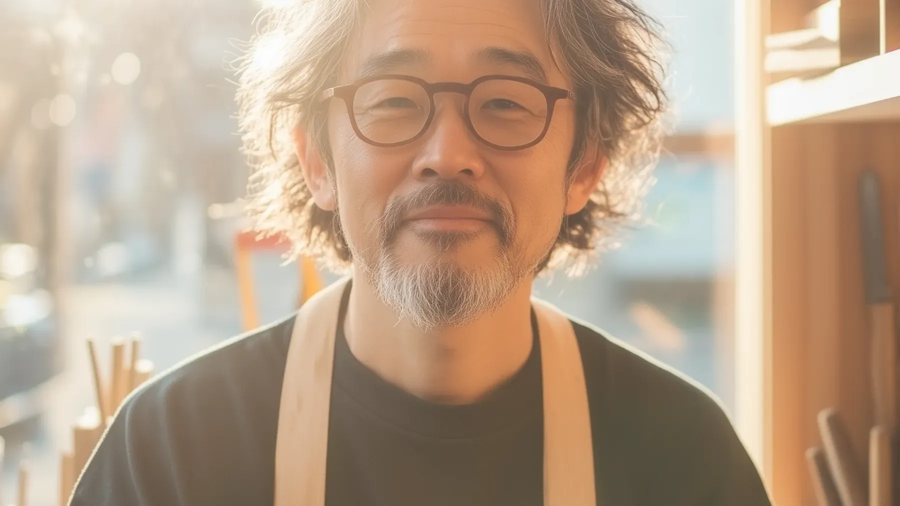 An older artisan standing in a warmly lit workshop, representing the changed person readers meet when a novel resumes years later.