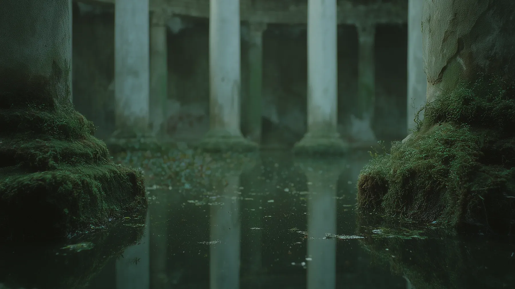 A circular structure reflected in still water, suggesting a story that returns to one boundary while accumulated knowledge opens a different way through it.