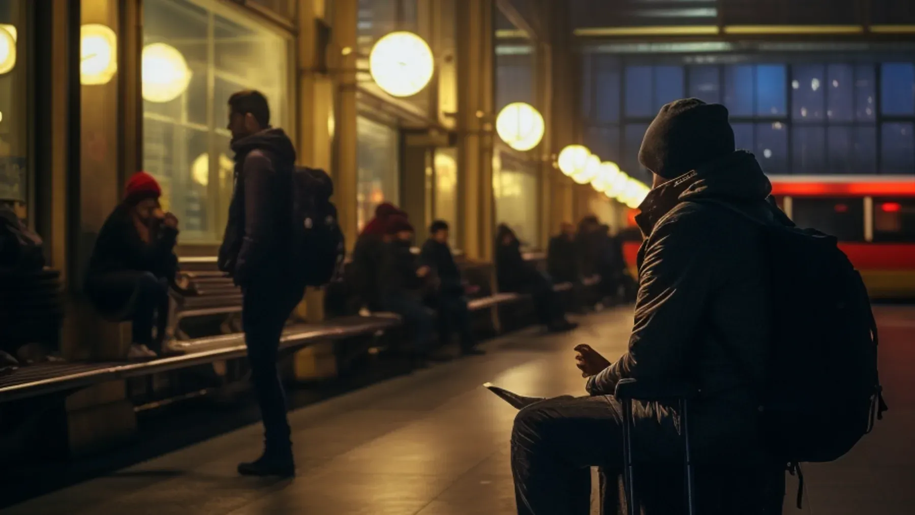 A solitary traveler waiting beneath station clocks, establishing the fixed public place and hour to which a time-loop novel can repeatedly return.
