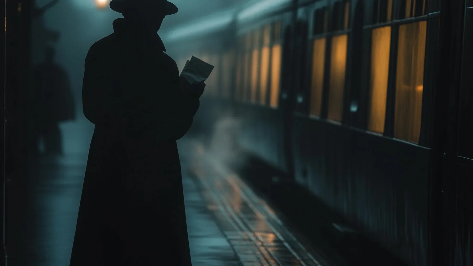 A solitary traveler studies a photograph beside a waiting train, holding evidence of a life that another timeline may erase.