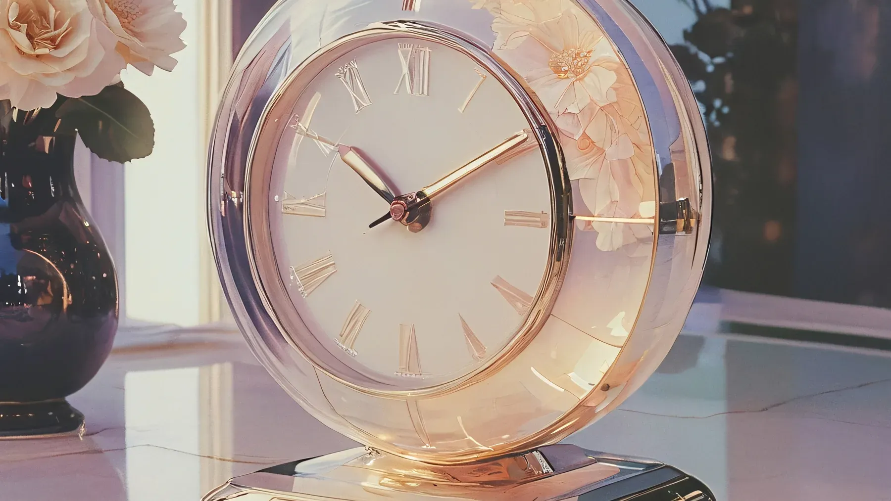 An ornate clock surrounded by flowers turns elapsed time into a visible part of courtship and loss.