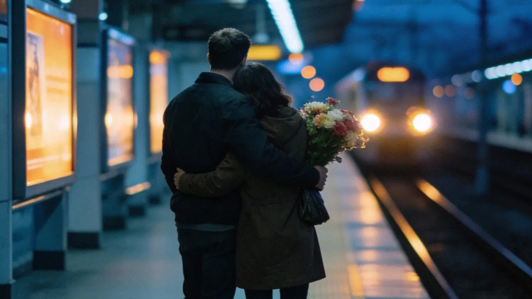 A couple waits together beside an arriving train, joining romantic expectation with a journey governed by time.