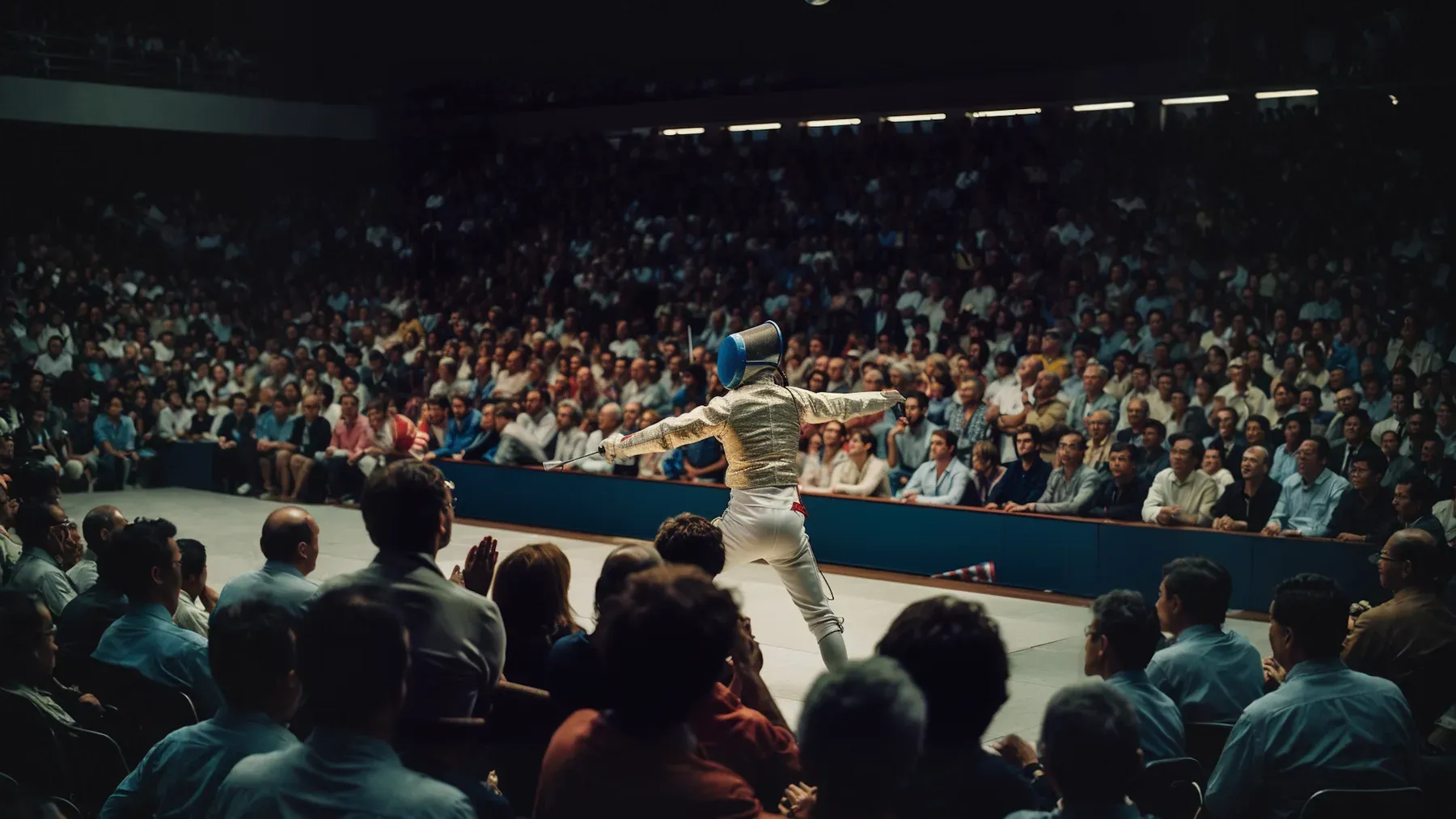 A fencer competing before a large audience, where a tactical choice also becomes public information.
