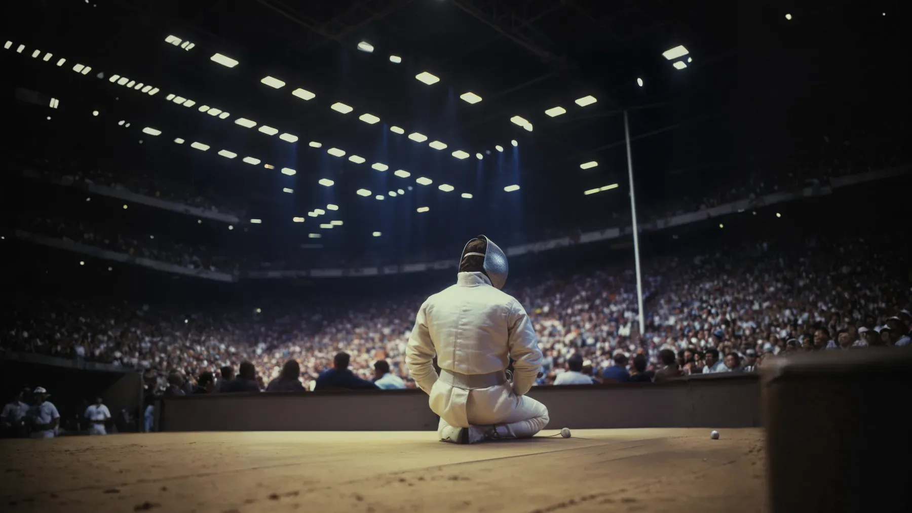 A fencer watching from the edge of an arena, studying the contest that will shape a later round.