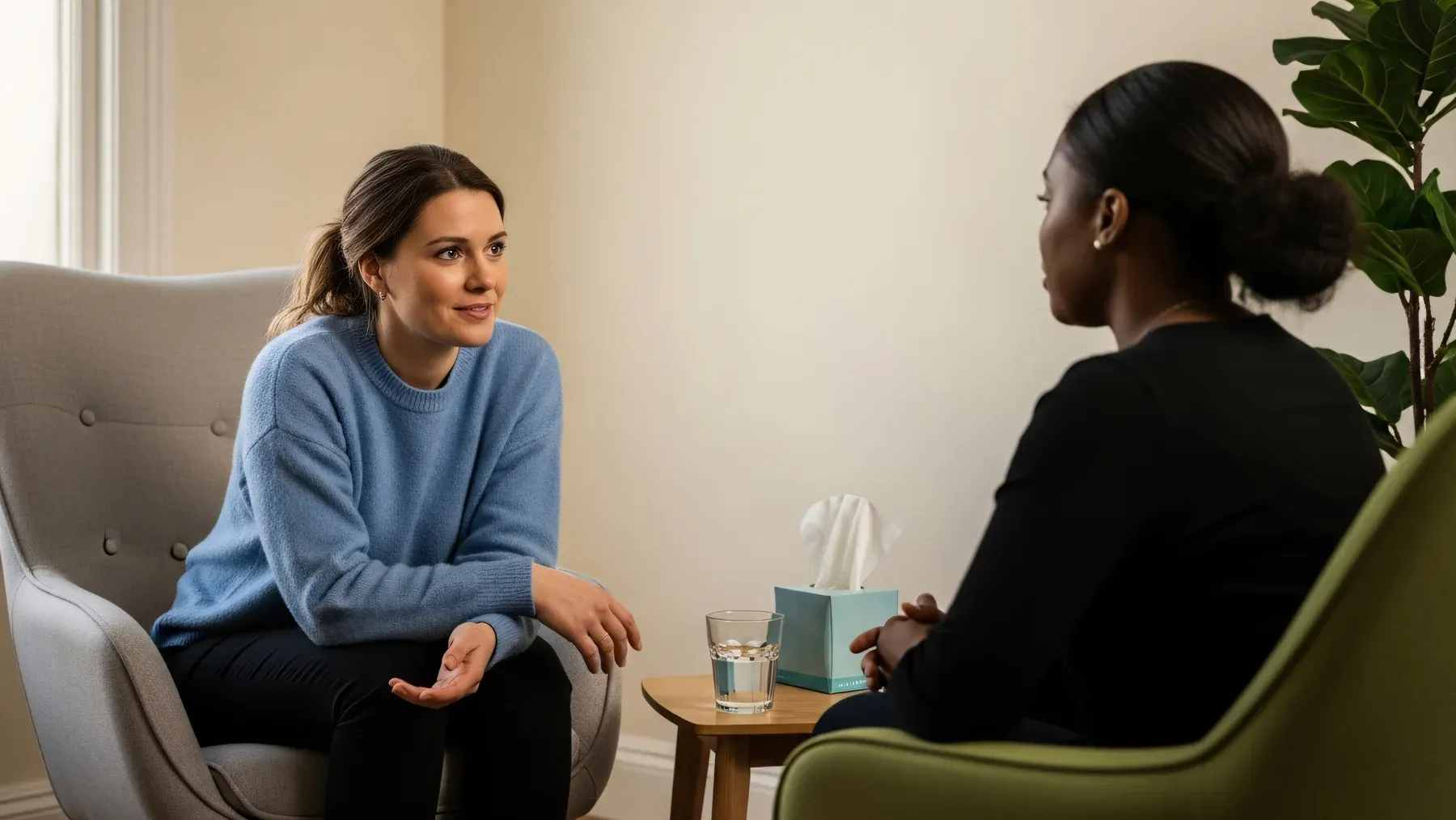 Two women hold a serious seated conversation, giving a difficult boundary the space and attention of an exchange between complete equals.