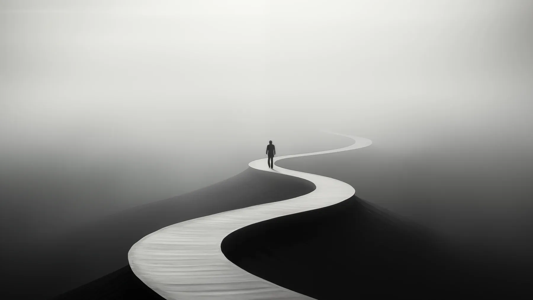 A solitary figure follows a winding path through a pale landscape, suggesting a desire whose destination exists largely inside one person's imagined future.