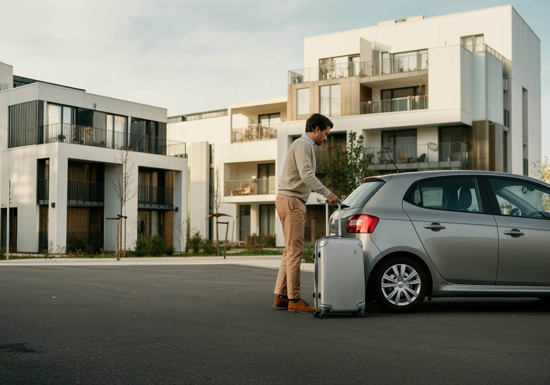 A traveler loading a suitcase into a car after an unspoken request has failed to delay the departure.