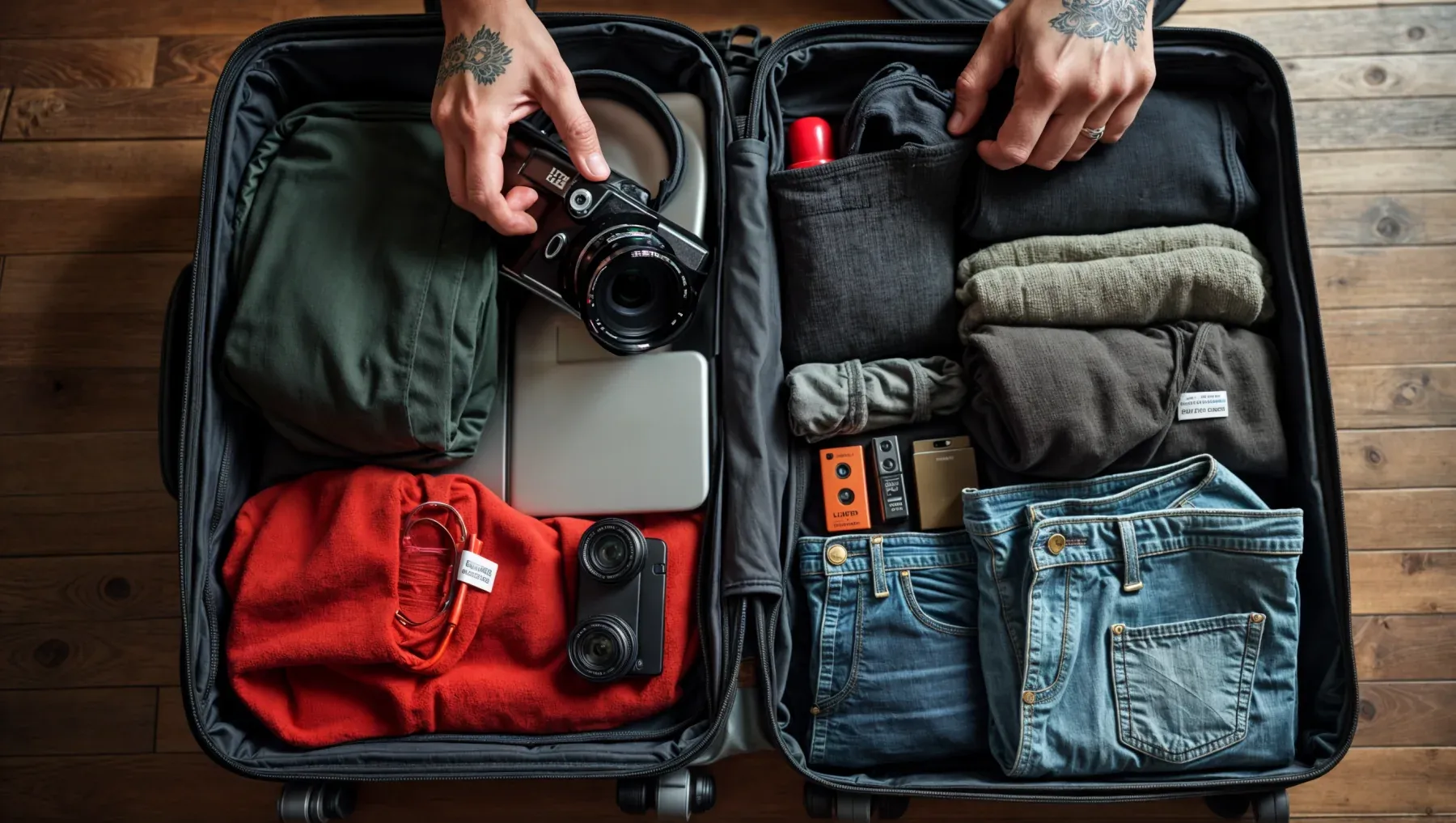 Hands packing an open suitcase, making an approaching departure visible during an indirect conversation.