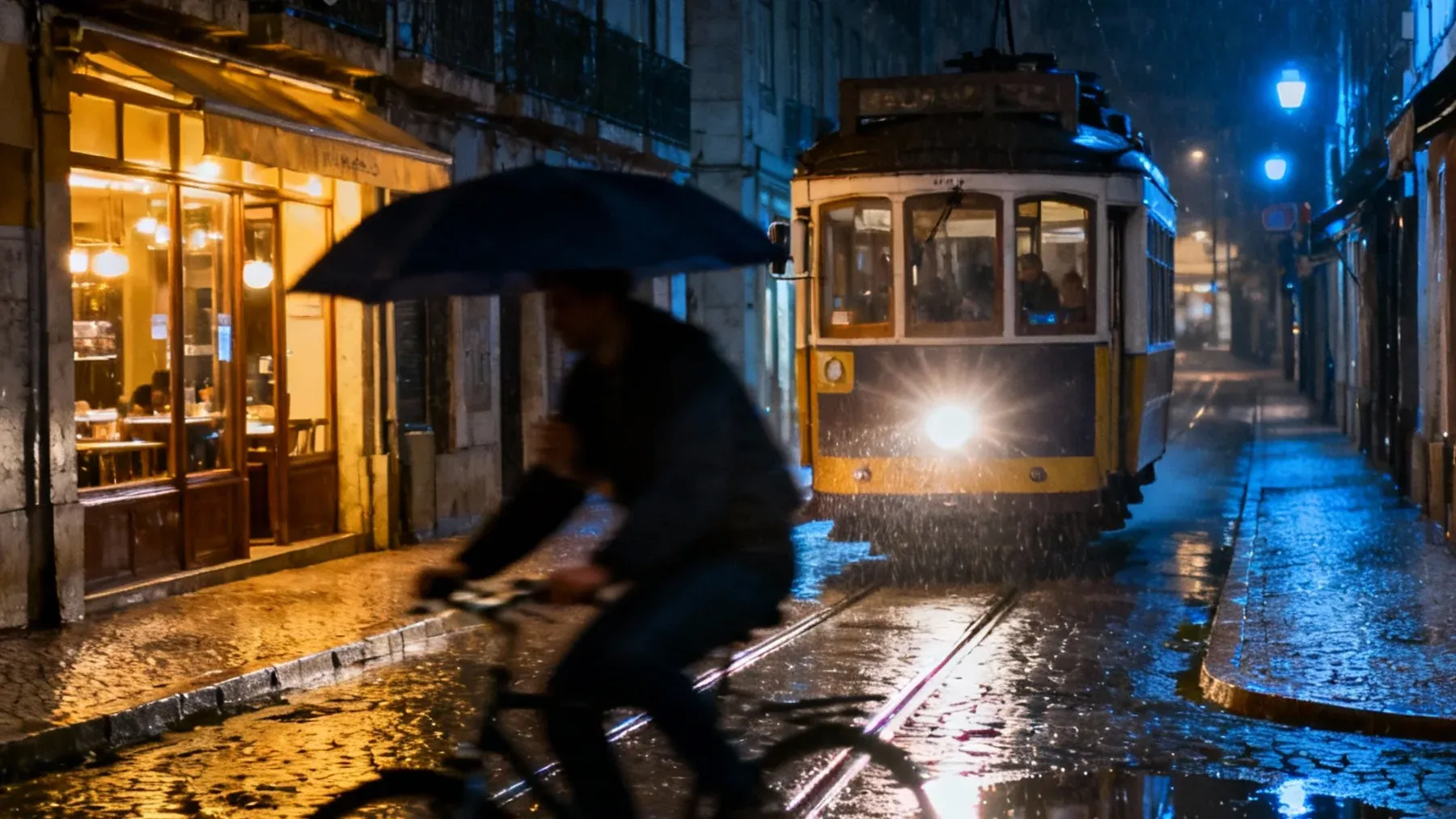 A tram approaches through rain on an old city street where routine transit can cross into buried history.