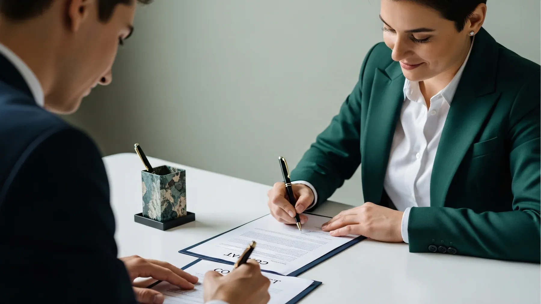 Two people sign a document before a third witness, turning an intimate commitment into terms that redistribute public authority.