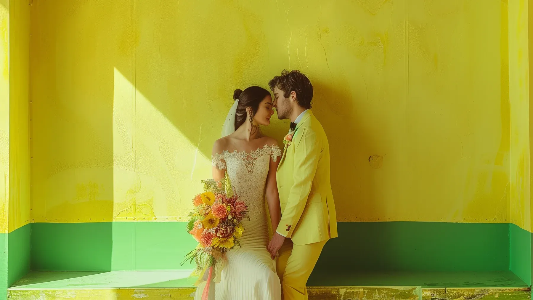 A couple in wedding clothes shares a close moment against a vivid wall, keeping private attention visible inside a highly public day.