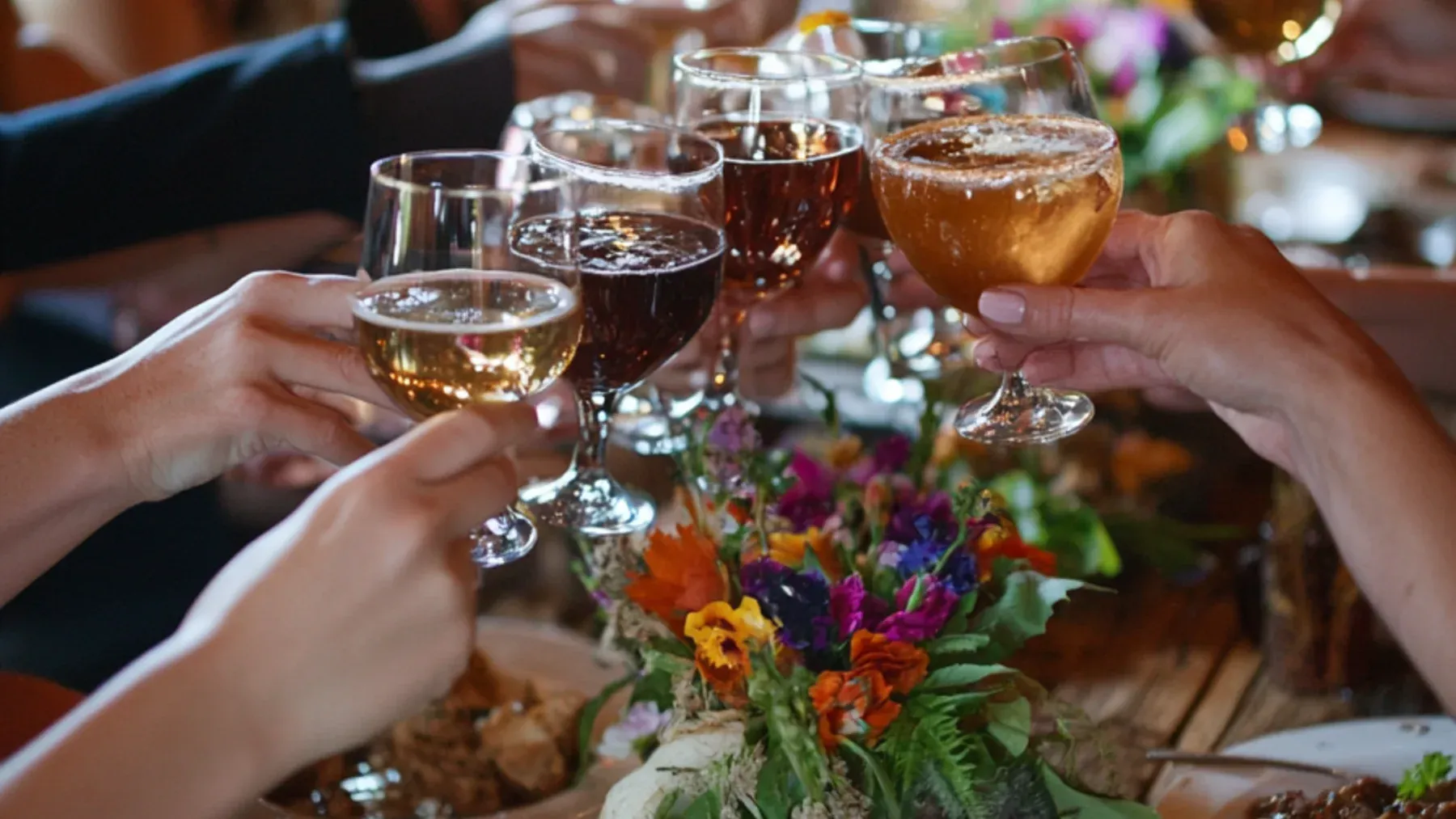 Guests raise glasses around a flowered table, showing how celebration can hold several private agendas within one shared gesture.