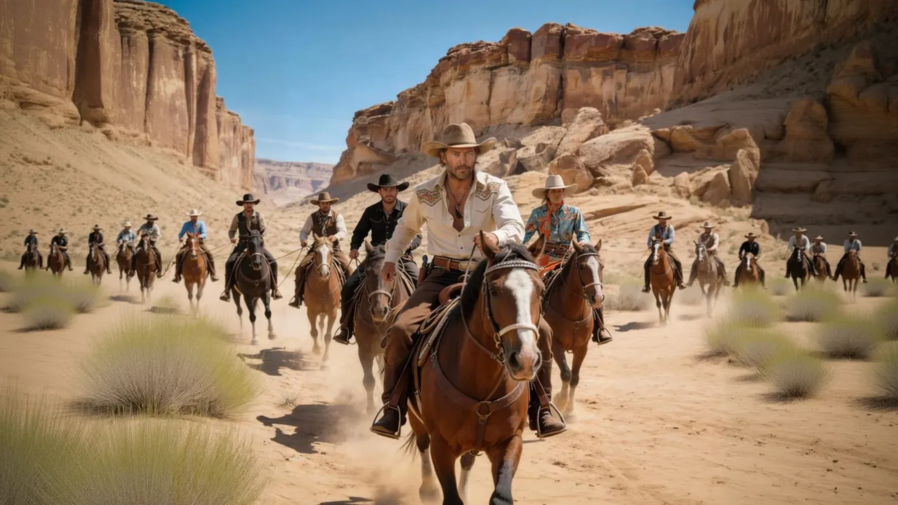 A group of riders crosses a canyon, evoking the mobility and collective labor hidden beneath the lone-frontiersman image.