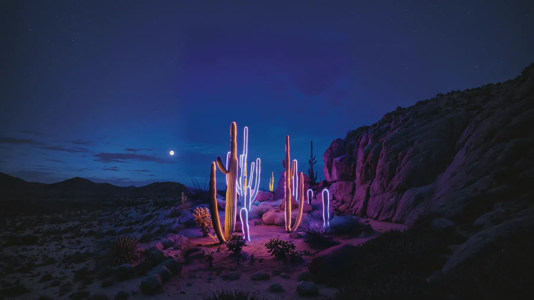 Neon-like cacti glow in a desert night, representing a speculative disturbance that changes how familiar terrain can be read.