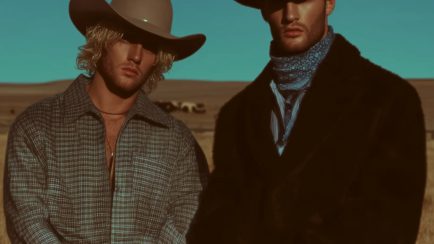 Two ranch workers standing near grazing cattle, establishing a relationship inside a working landscape rather than a decorative Western backdrop.