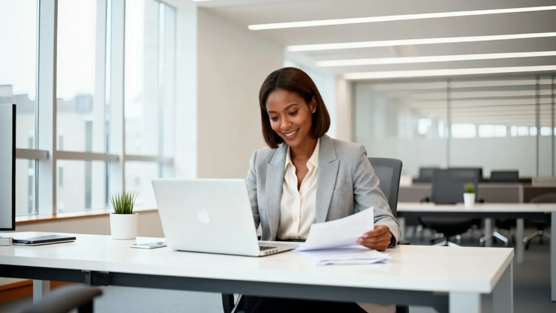 A professional reviews documents at her desk, emphasizing the independent career that must survive every romantic choice.
